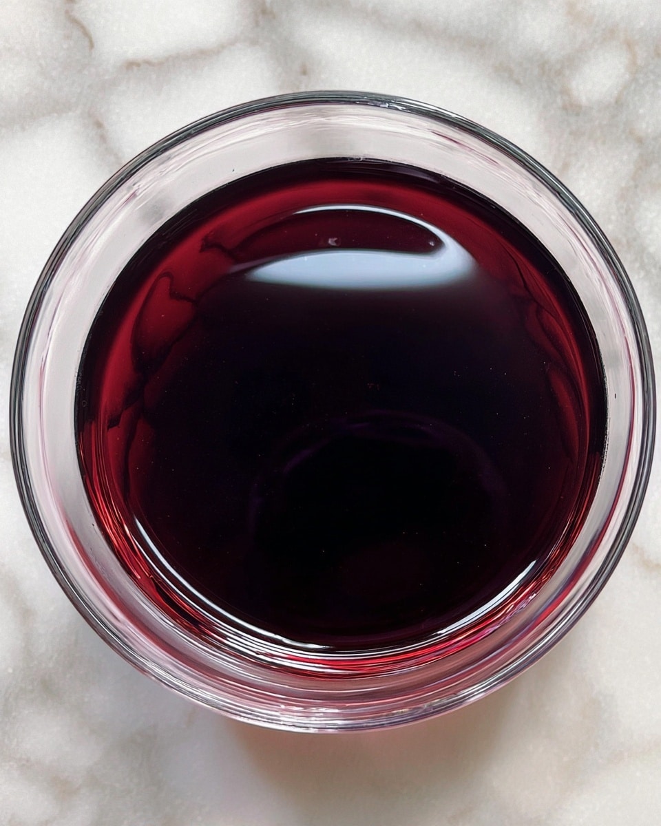A clear glass bowl filled with a dark purple-red liquid, showing a smooth and shiny surface with slight reflections near the edges. The bowl is placed on a white marbled texture background, highlighting the deep color of the liquid inside. The glass bowl has a thick rim and a transparent body, making the rich color stand out. photo taken with an iphone --ar 4:5 --v 7