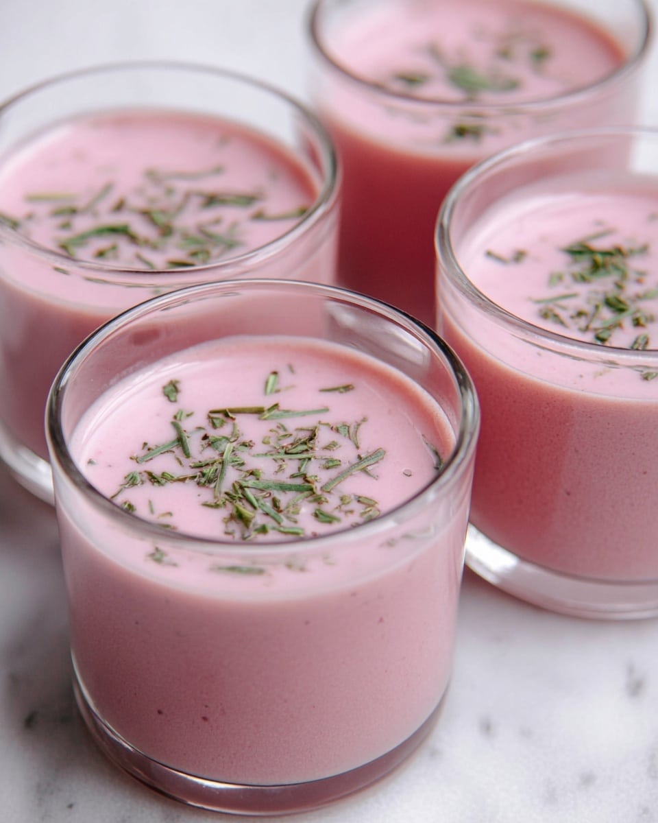 The image shows four clear glass cups filled with a smooth, pink liquid topped with small green herb pieces scattered evenly across the surface. Each cup holds one layer of this pink drink with the green herbs floating on top, and the cups are placed close together on a white marbled surface. The liquid has a creamy texture and the herbs add a touch of contrast. Photo taken with an iphone --ar 4:5 --v 7