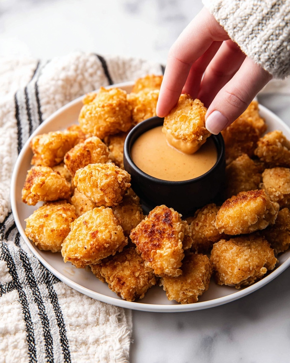 A white plate full of golden brown, crispy fried popcorn chicken bites surrounds a small black bowl filled with light orange dipping sauce in the center. A woman's hand is holding one nugget, dipping it into the sauce. The chicken pieces have a rough, crunchy texture, and the background shows a white marbled surface with a folded cream and black striped cloth. Photo taken with an iphone --ar 4:5 --v 7