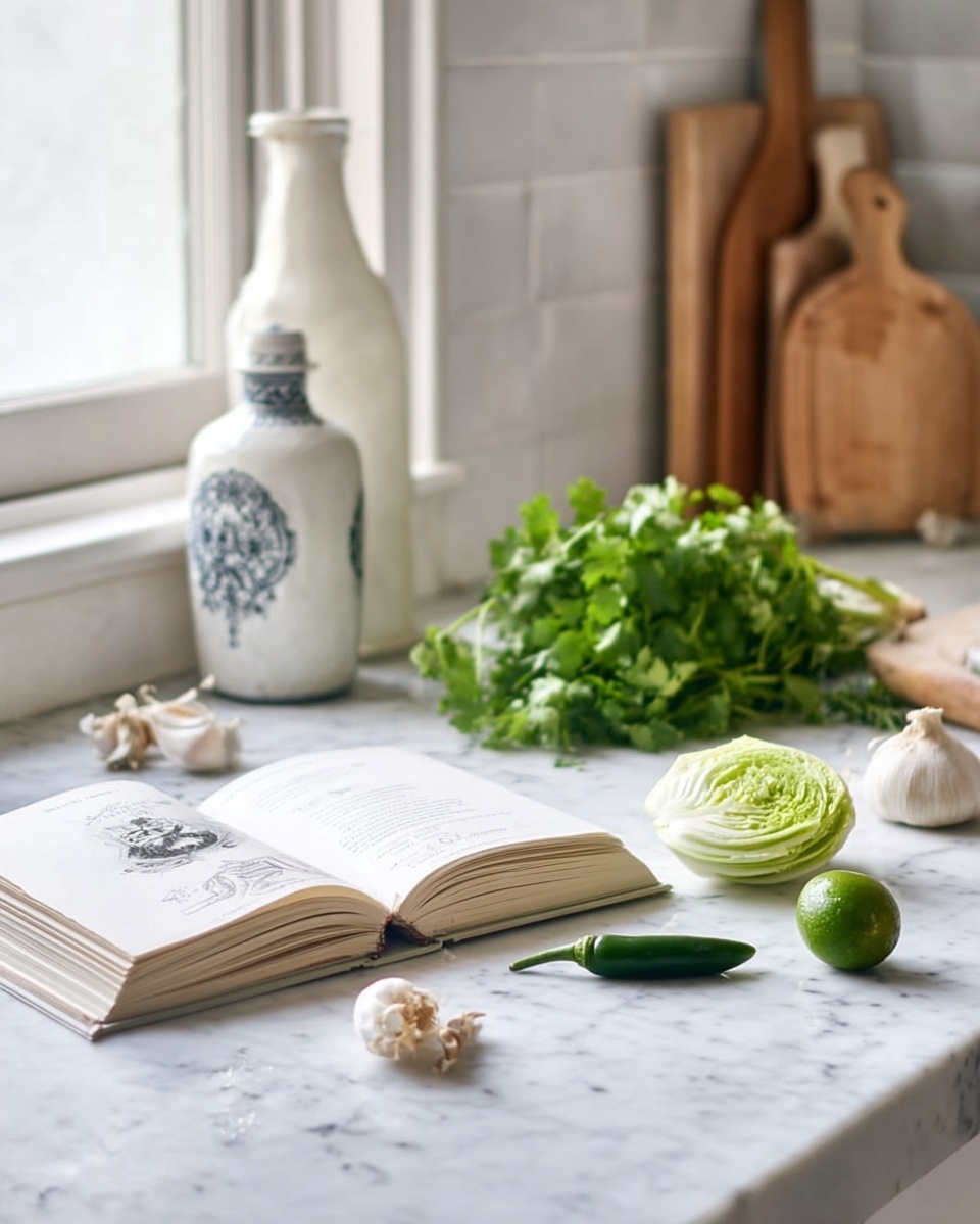 The image shows a white marbled surface with an open recipe book on the left. In front of the book, there is a small halved romaine lettuce leaf, a whole garlic bulb, a white onion, a green lime, and two small green chili peppers scattered around. Toward the back, there is a large bunch of fresh green cilantro and some other green herbs. Further back, there are decorative items including a white ceramic vase with blue patterns, a tall white bottle, and wooden cutting boards stacked near a window with soft light coming in. The whole scene has a fresh, clean kitchen feel. photo taken with an iphone --ar 4:5 --v 7