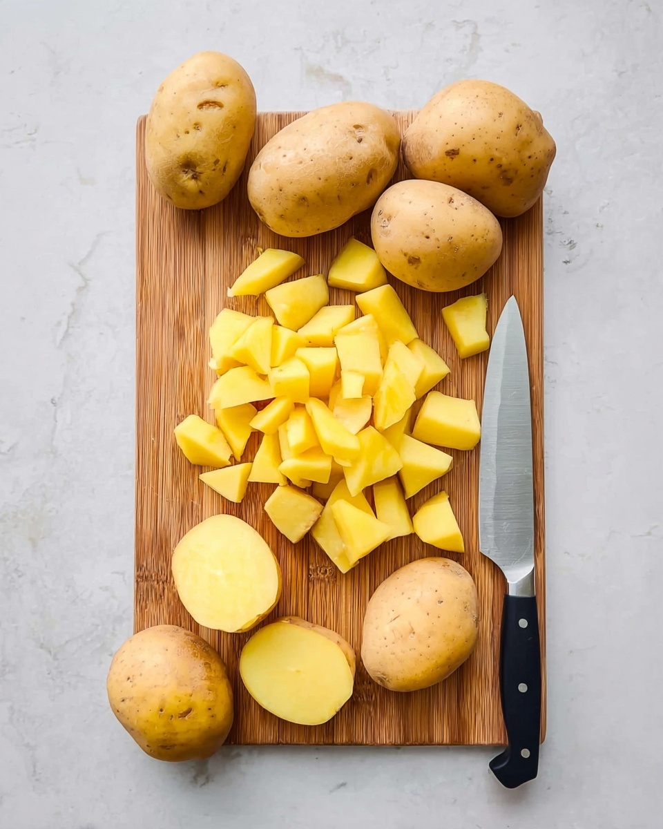 A wooden cutting board sits on a white marbled surface, surrounded by ten whole light brown potatoes with a few small dark spots. On the cutting board, there are about twenty yellow potato pieces, cut into large chunks. Two whole potatoes and one potato cut in half lay below the chunks. To the right side of the cutting board, there is a knife with a silver blade and a black handle resting on the white marbled surface. photo taken with an iphone --ar 4:5 --v 7