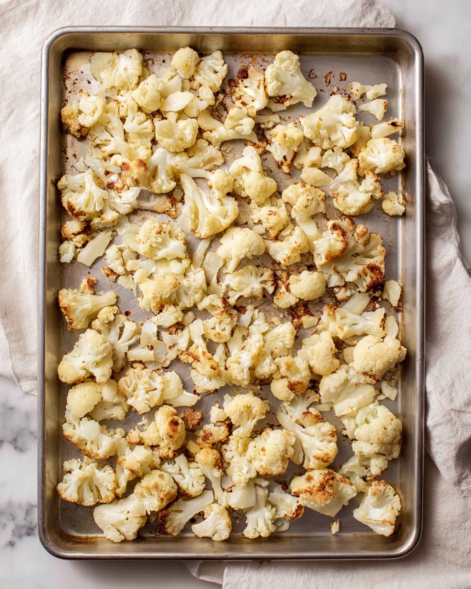 A metal baking tray filled with one layer of roasted cauliflower pieces, spread out evenly. The cauliflower is light cream to pale golden in color with some small browned and crispy spots, showing a slightly crunchy texture. The tray rests on a white cloth on a white marbled surface. photo taken with an iphone --ar 4:5 --v 7