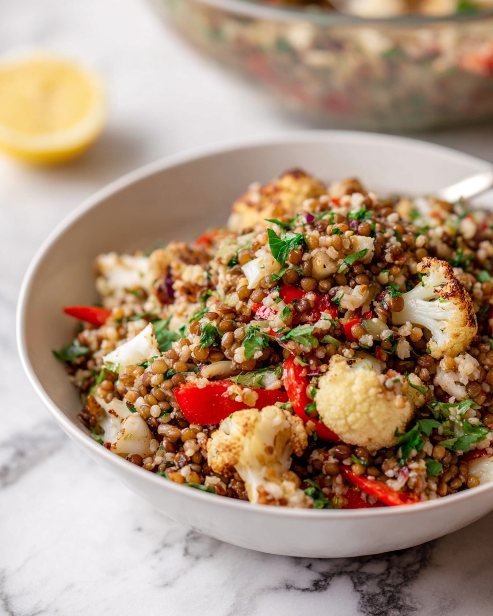A close-up of a white bowl filled with a mixed dish of small round brown lentils, light beige bulgur, off-white roasted cauliflower pieces, and bright red pepper slices mixed with chopped green herbs, all sitting on a white marbled surface. The textures show the soft roasted cauliflower contrasting with the grainy bulgur and lentils. A blurred out portion of a glass bowl filled with the same mixture is visible in the background. Photo taken with an iphone --ar 4:5 --v 7