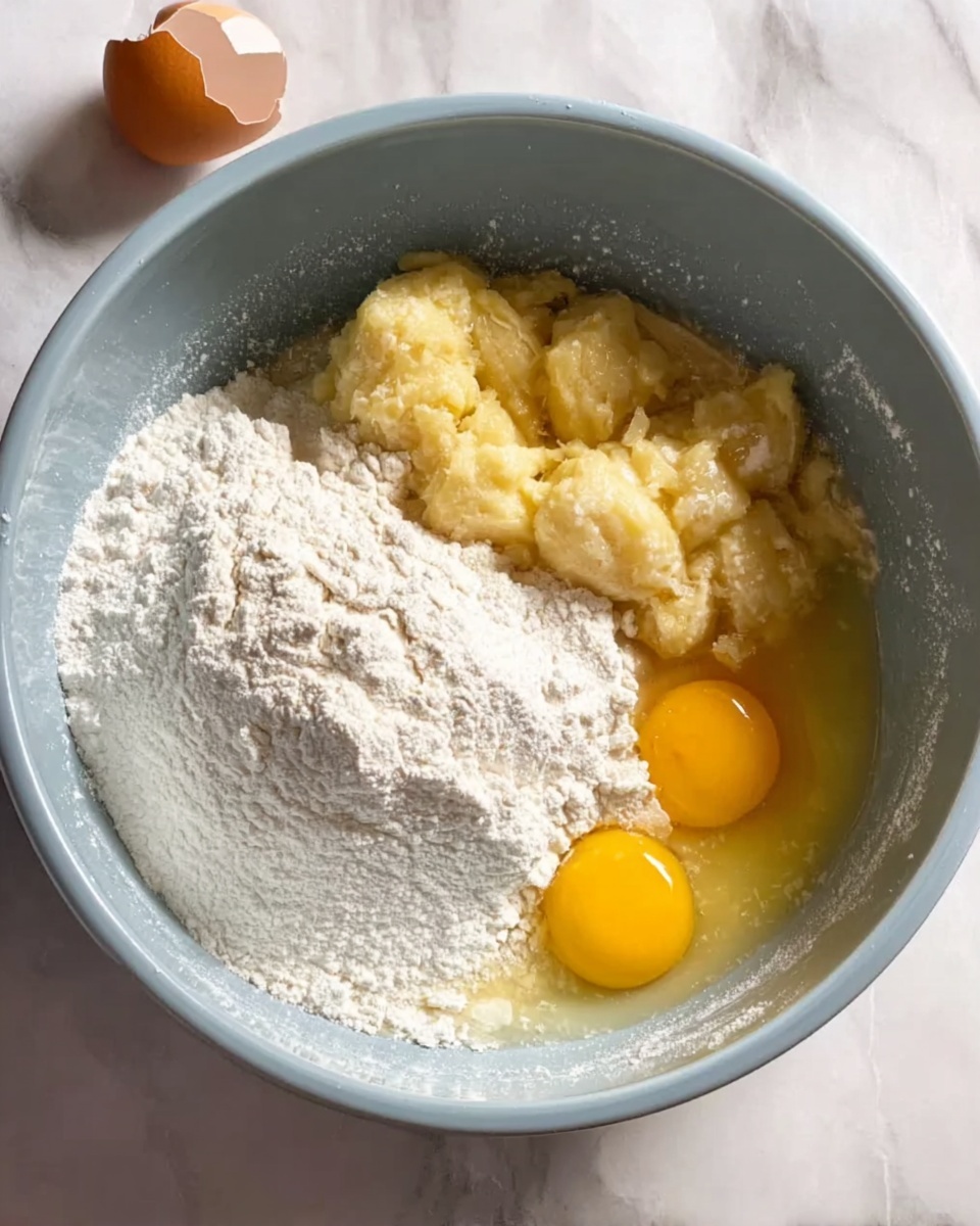 A white mixing bowl filled with three cracked eggs showing bright yellow yolks at the bottom right, mashed pale yellow bananas piled in the middle, and a heap of white flour on the left side. The bowl is placed on a white marbled surface, and an eggshell is partly visible at the top left. photo taken with an iphone --ar 4:5 --v 7