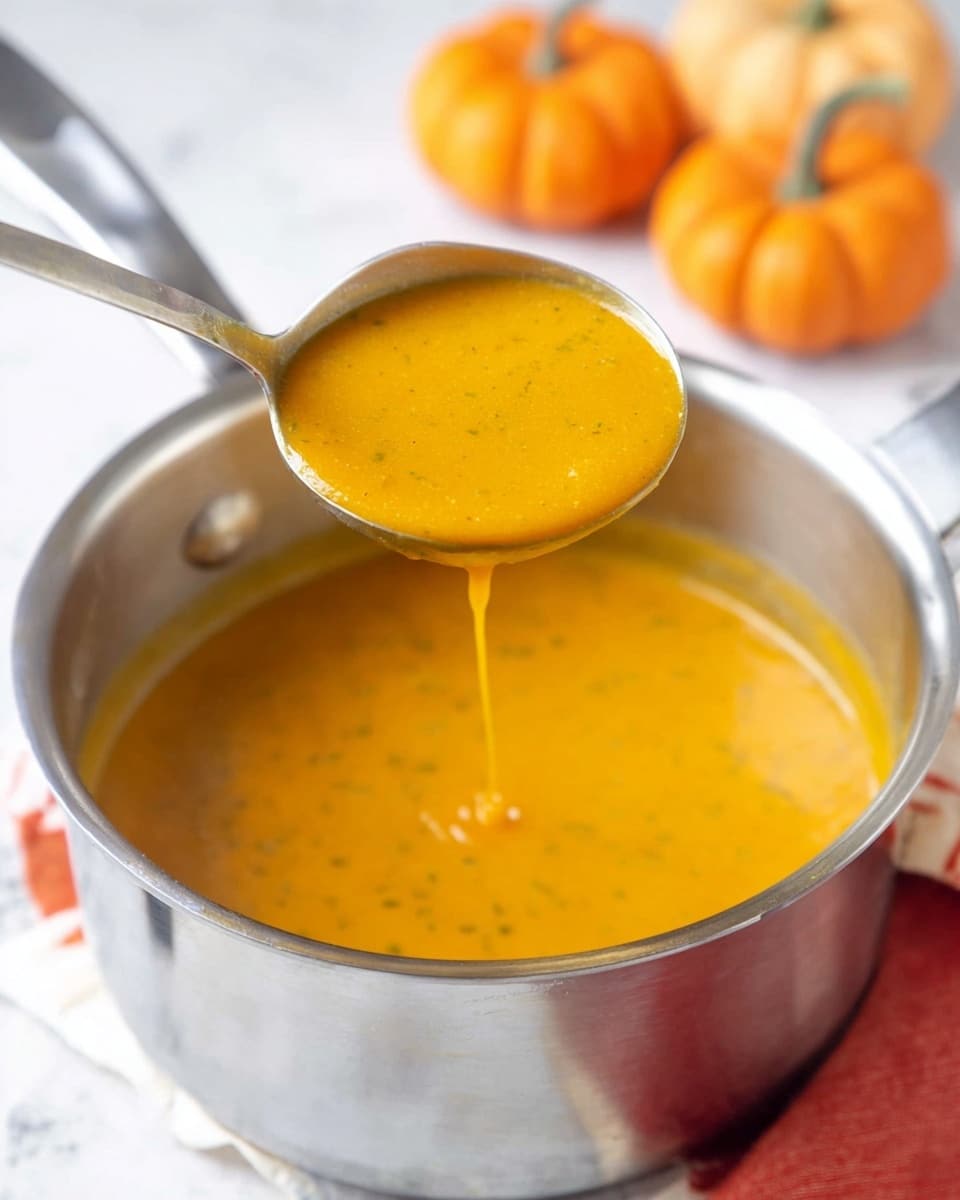 A shiny silver pot filled with smooth, thick, orange soup is placed on a white marbled surface. A ladle is lifted above the pot, holding some of the same orange soup, showing its creamy texture with small bits. Two small orange pumpkins are blurred in the background, adding a cozy autumn feel. The image is bright with soft light. Photo taken with an iphone --ar 4:5 --v 7