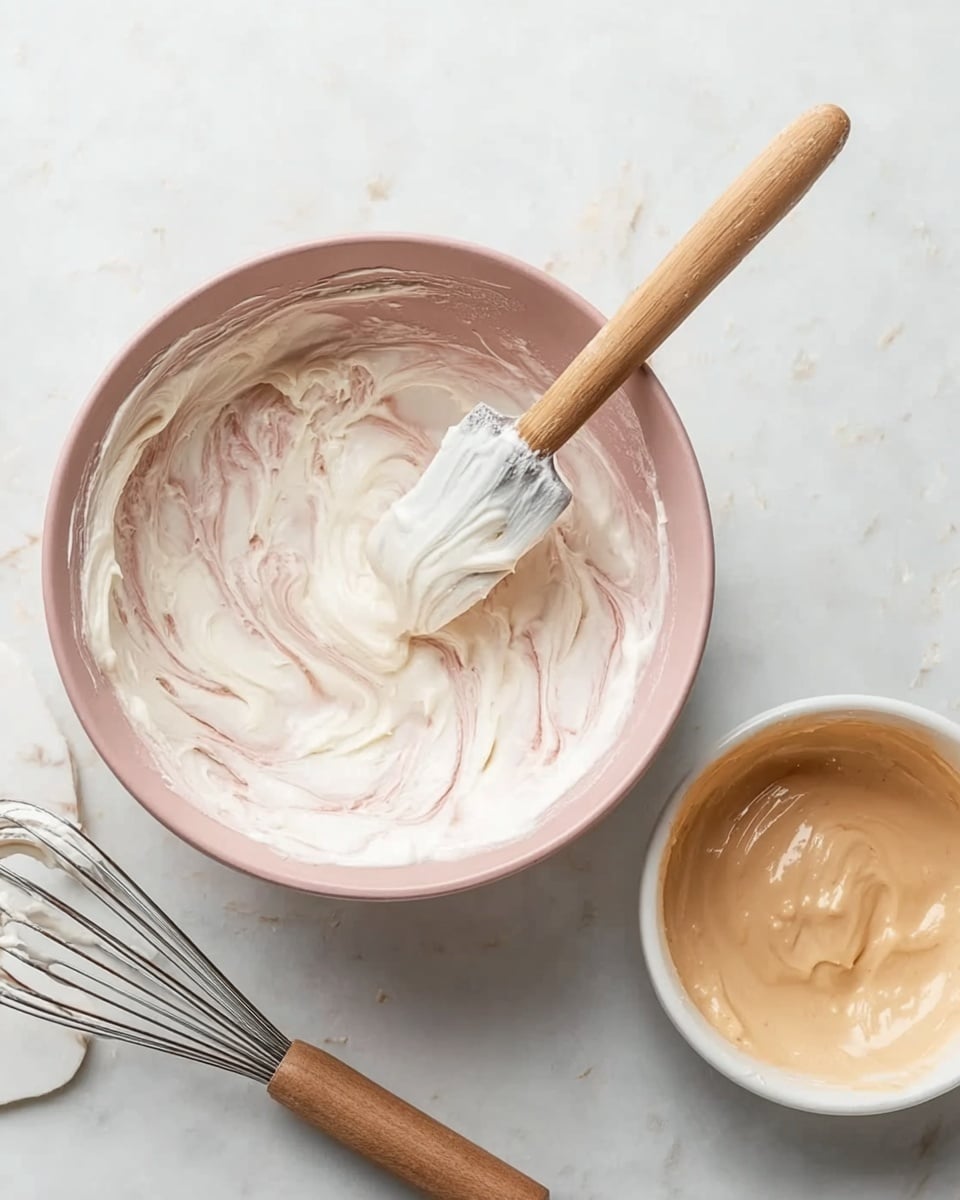 A light pink bowl on a white marbled surface holds a white creamy mixture with soft swirls of light brown, showing a smooth and fluffy texture. A spatula with a wooden handle rests inside the bowl, its blade covered with the creamy mixture. To the right, there is a smaller white bowl containing a light brown creamy mixture. Below this bowl, a whisk with a wooden handle lies on the surface. The scene is bright and clean, with soft natural lighting. photo taken with an iphone --ar 4:5 --v 7