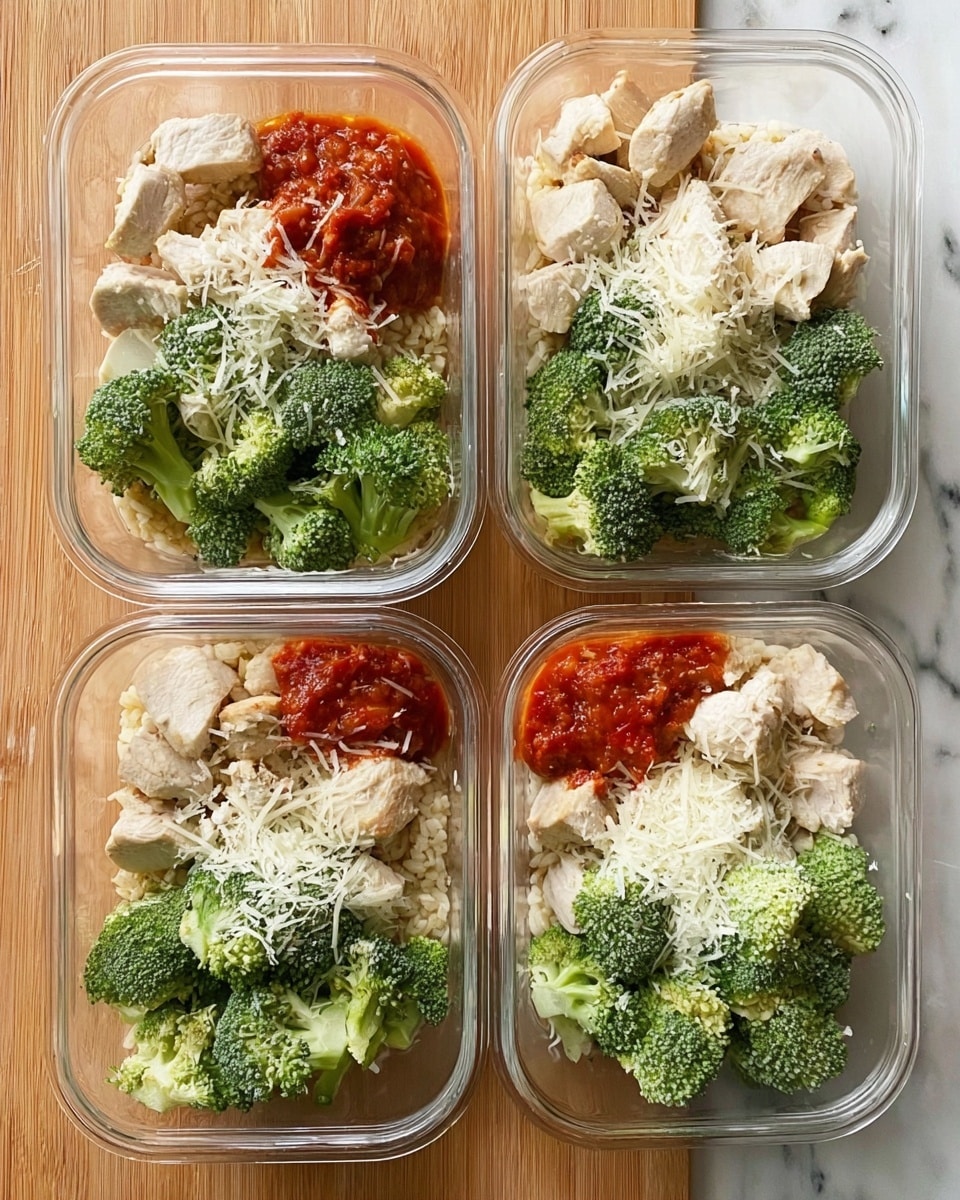 Four clear rectangular containers are placed on a wooden surface with a white marbled texture. Each container holds a meal with three main parts: a base layer of light-colored rice at the bottom, topped with pieces of cooked white chicken chunks positioned on one side, green broccoli florets placed on the other side, and a side of reddish sauce with visible chunks on one corner. Additionally, a sprinkle of white shredded cheese or coconut is scattered over the broccoli and chicken. photo taken with an iphone --ar 4:5 --v 7