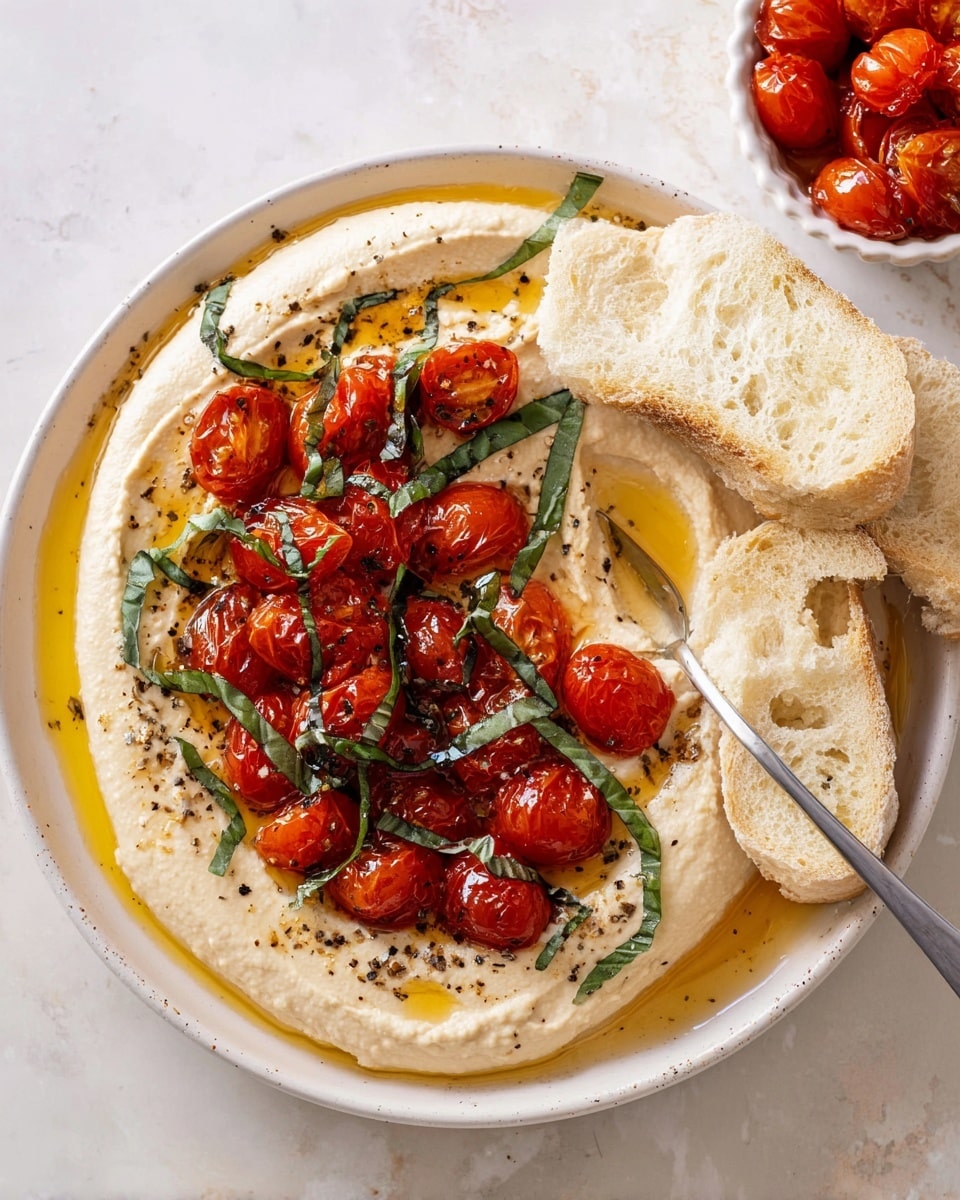 A white plate holds a creamy light beige hummus spread in a thick layer across most of the plate, sprinkled with black pepper and a drizzle of golden olive oil around the edges. On top, there is a cluster of bright red roasted cherry tomatoes with a shiny, slightly wrinkled texture. Thin strips of fresh dark green basil leaves are scattered over the tomatoes. On one side of the plate, two thick slices of soft, light golden bread rest partially on the hummus. A silver spoon lies on the plate, with a roasted tomato held in it, resting on the hummus. The plate sits on a white marbled surface, with a small white bowl of roasted tomatoes and some green basil leaves beside it. Photo taken with an iphone --ar 4:5 --v 7