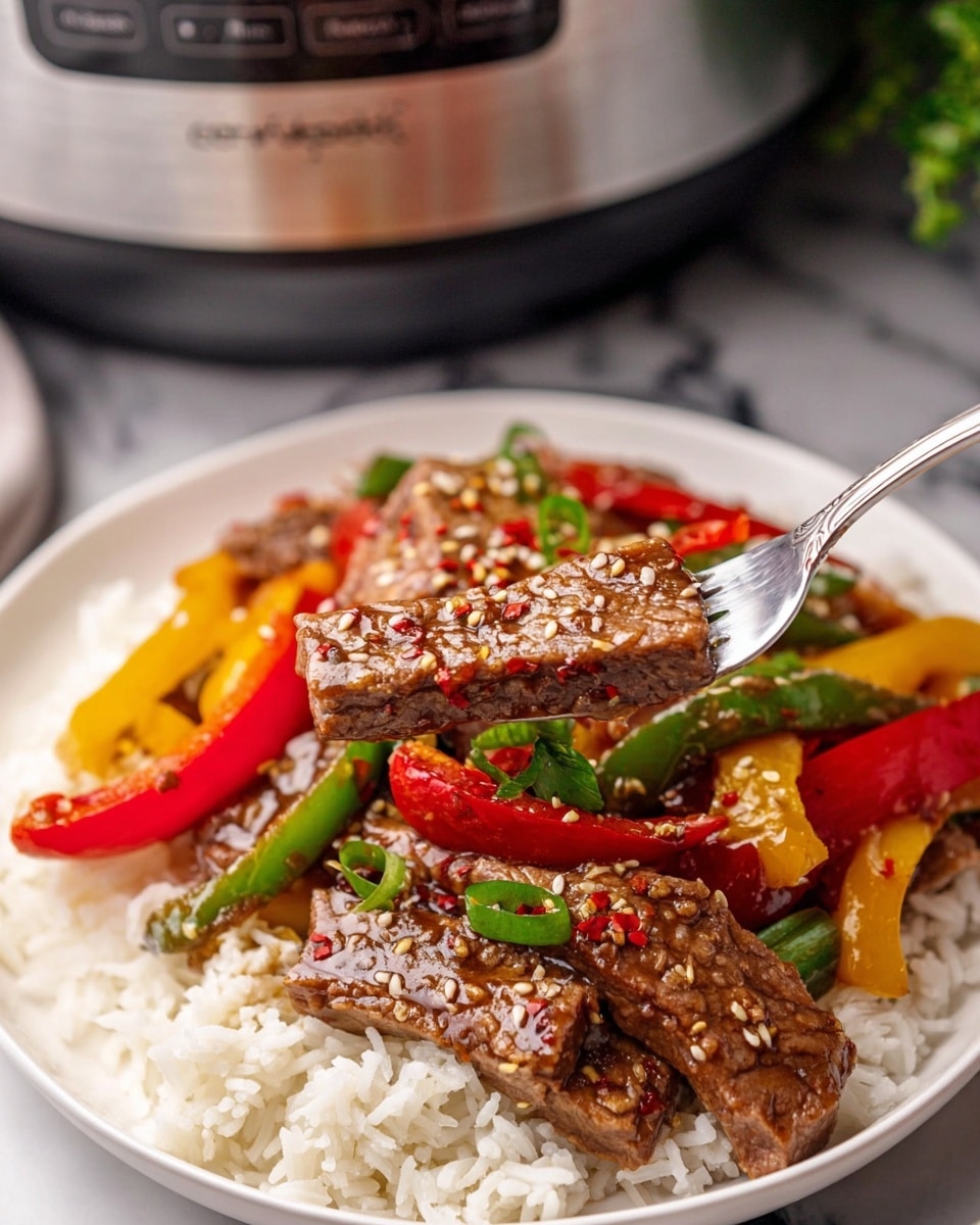The image shows a close-up of a white plate filled with a dish that has three main layers. The bottom layer is white rice with a soft texture spread across the plate. On top of the rice, there is a colorful stir-fry mix with thick slices of red and yellow bell peppers and green onion pieces. The top layer features several pieces of brown, cooked meat cut into rectangular shapes, all sprinkled with white sesame seeds and red chili flakes. A silver fork holds one piece of meat above the plate, highlighting its glistening, saucy surface. The setting includes a white marbled surface under the plate and a black slow cooker in the background. photo taken with an iphone --ar 4:5 --v 7
