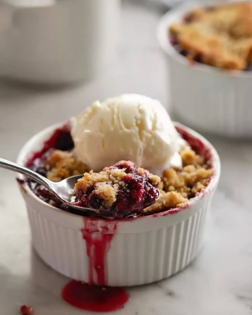 The image shows a white ramekin filled with a berry crumble dessert. The bottom layer is a deep red-purple berry filling that looks juicy and soft, topped with a golden brown crumbly topping. A scoop of white ice cream or cream melts slowly on top of the crumble, adding a creamy contrast. The berry filling slightly overflows and drips down the side of the ramekin, and a woman's hand holds a spoon that is scooping some of the dessert. The white ramekin sits on a white marbled surface, and there is a blurred background with another white ramekin and a cup. Photo taken with an iphone --ar 4:5 --v 7