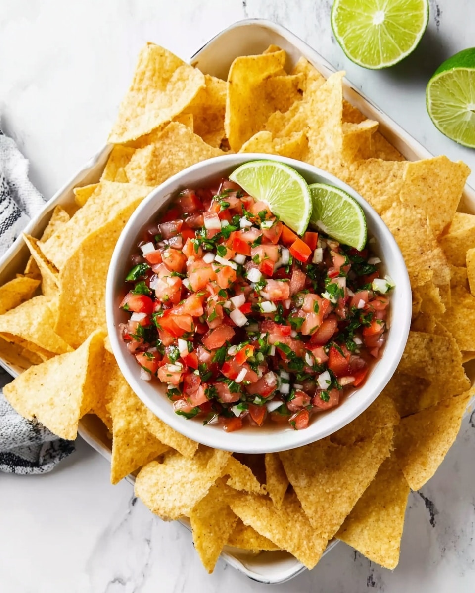 A white bowl filled with fresh salsa made of red diced tomatoes, green chopped cilantro, and white small onion pieces, topped with a green lime wedge on the edge. The bowl is placed in the center of a white tray with many yellow corn tortilla chips scattered all around it. The background is a white marbled surface with a sliced lime and a piece of cloth in the upper corners. Photo taken with an iphone --ar 4:5 --v 7