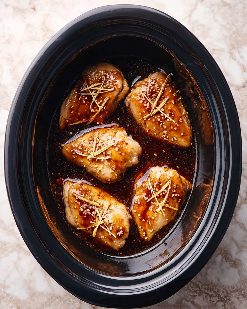 Four raw chicken pieces are placed side by side in a black slow cooker. Each piece is covered with a shiny dark brown sauce that has small bits of garlic and thin slices of ginger scattered on top. The slow cooker sits on a white marbled surface, and the sauce pools slightly around the chicken, giving a glossy and rich look. photo taken with an iphone --ar 4:5 --v 7