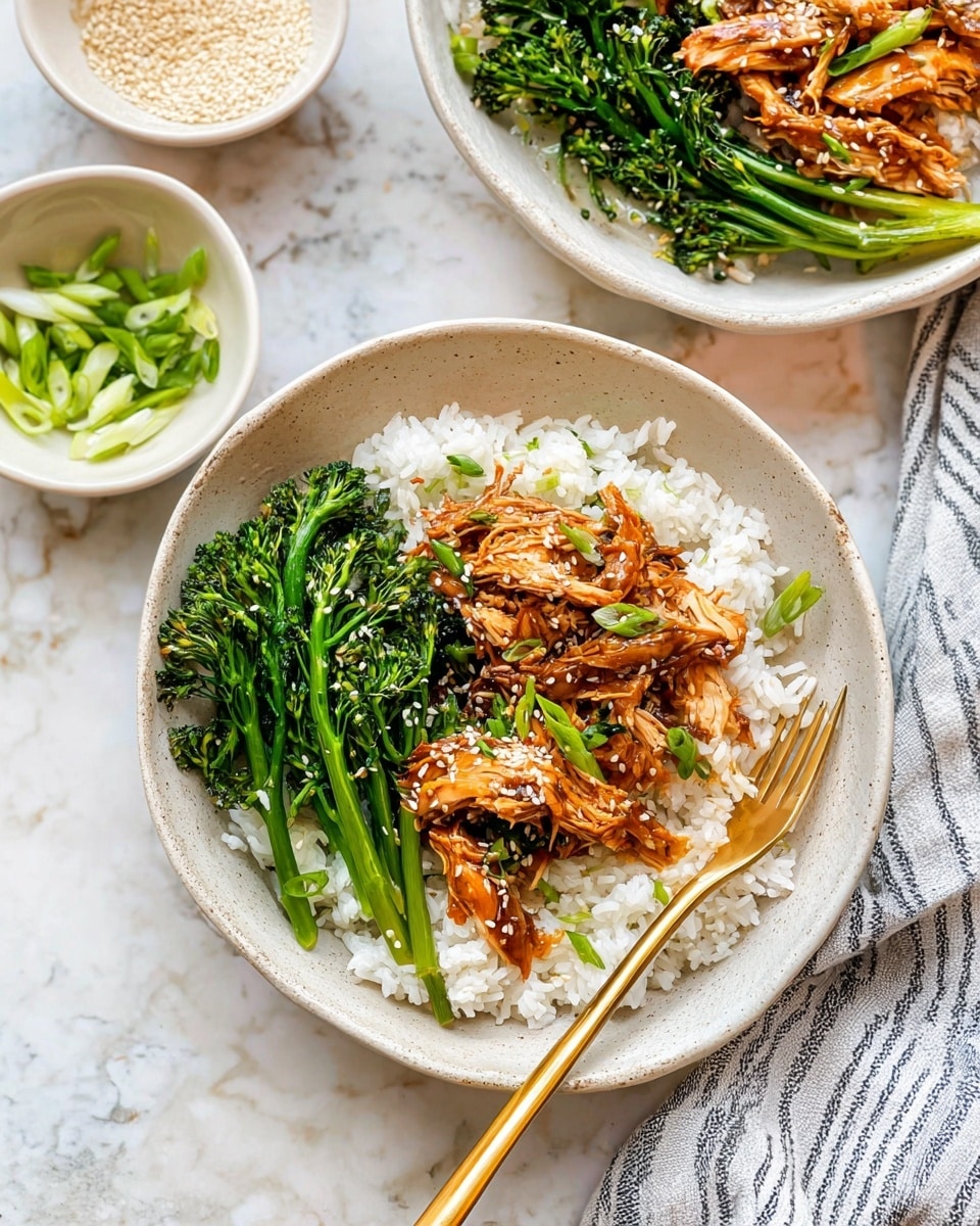 A white bowl holds three main layers: at the bottom is a bed of fluffy white rice, above it a layer of shiny brown shredded cooked chicken sprinkled with white sesame seeds and chopped green spring onions, and on one side bright green steamed broccolini. A golden fork rests inside the bowl on the rice. In the background on a white marbled surface, there are small white bowls, one filled with sliced spring onions and another with sesame seeds, and a striped cloth napkin is placed beside the main bowl. Photo taken with an iphone --ar 4:5 --v 7