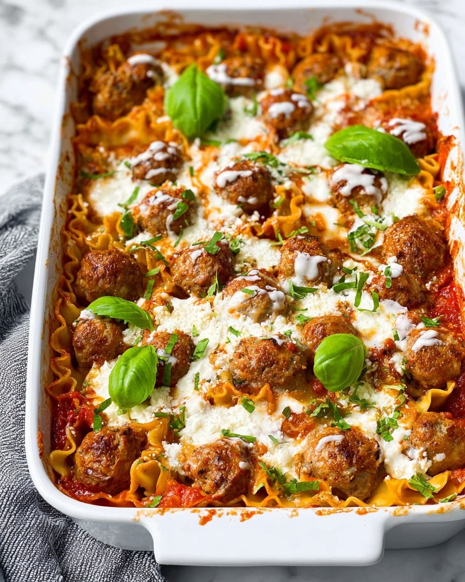 A white baking dish filled with a layered casserole showing three main layers: the bottom layer of wavy-edged yellow pasta sheets with some tomato sauce peeking through, the middle layer of round brown meatballs evenly spread, and a top layer of melted white cheese drizzled and sprinkled with chopped green herbs. There are bright green basil leaves placed on top for garnish, and the edges of the dish have some baked-on tomato sauce. The background surface is white marble, and part of a gray and white striped cloth is visible at the bottom left corner. photo taken with an iphone --ar 4:5 --v 7