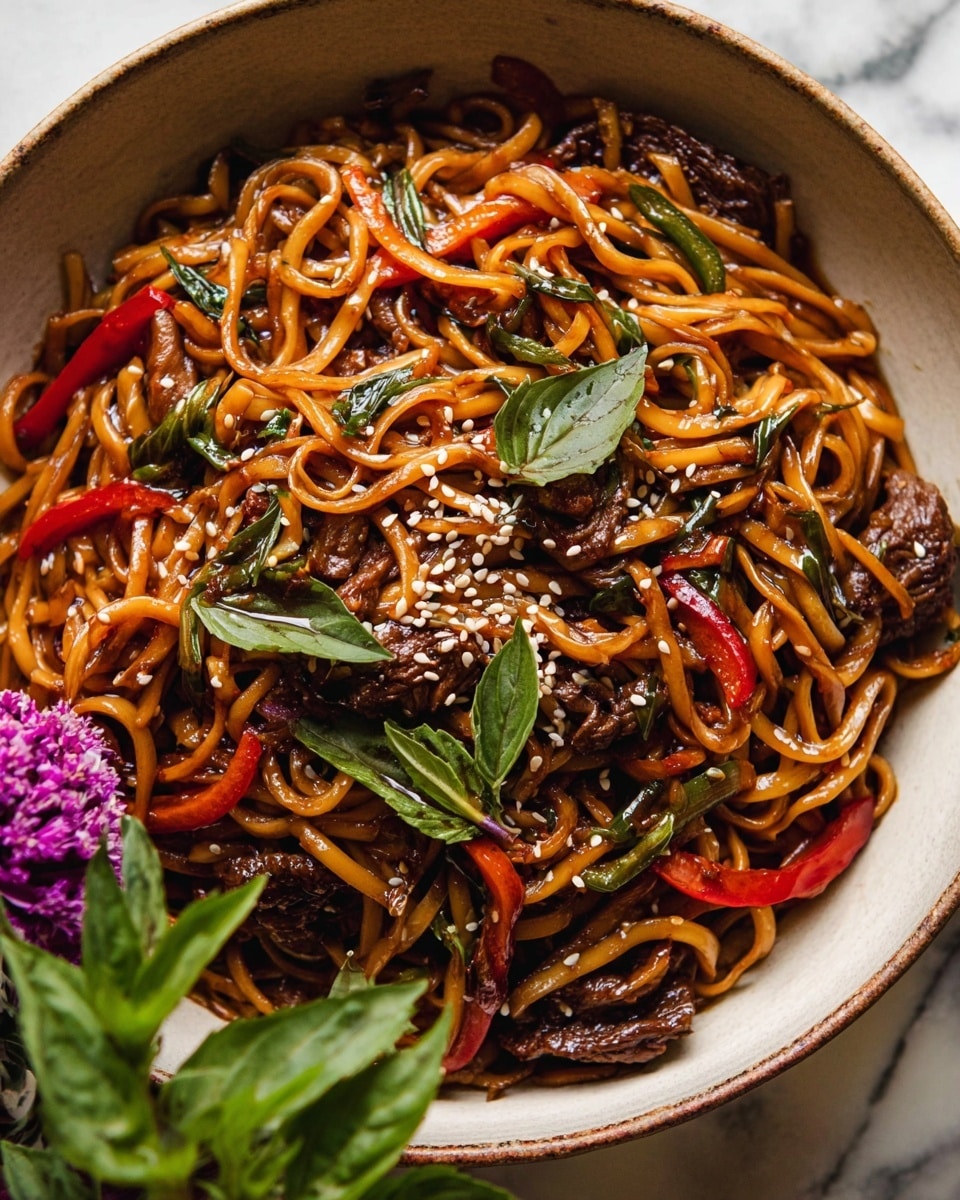 The image shows a bowl filled with cooked noodles mixed with dark brown slices of meat and thin red pepper strips. Scattered white sesame seeds and green basil leaves add texture and color contrast on top of the noodles. The bowl is white ceramic, sitting on a white marbled surface, and there is a purple flower and green leaves partially visible on the side. The overall color palette is warm with reds, browns, and greens, and the noodles look glossy and well-coated with sauce photo taken with an iphone --ar 4:5 --v 7