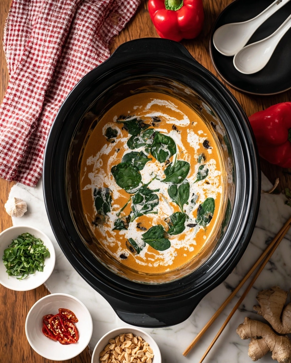 Inside a black slow cooker, there is a creamy orange soup with white cream swirled on top, layered with fresh green spinach leaves scattered across the surface. The slow cooker sits on a wooden table next to a red and white checkered cloth on the top left. Around the slow cooker, there are small white bowls holding red chili sauce, chopped green herbs, and crushed peanuts. To the right side, there is a halved red bell pepper, whole garlic bulbs, fresh ginger roots, and sliced mushrooms. A black plate with white spoons and wooden chopsticks is seen in the top right corner. The whole setting is on a white marbled textured surface. photo taken with an iphone --ar 4:5 --v 7