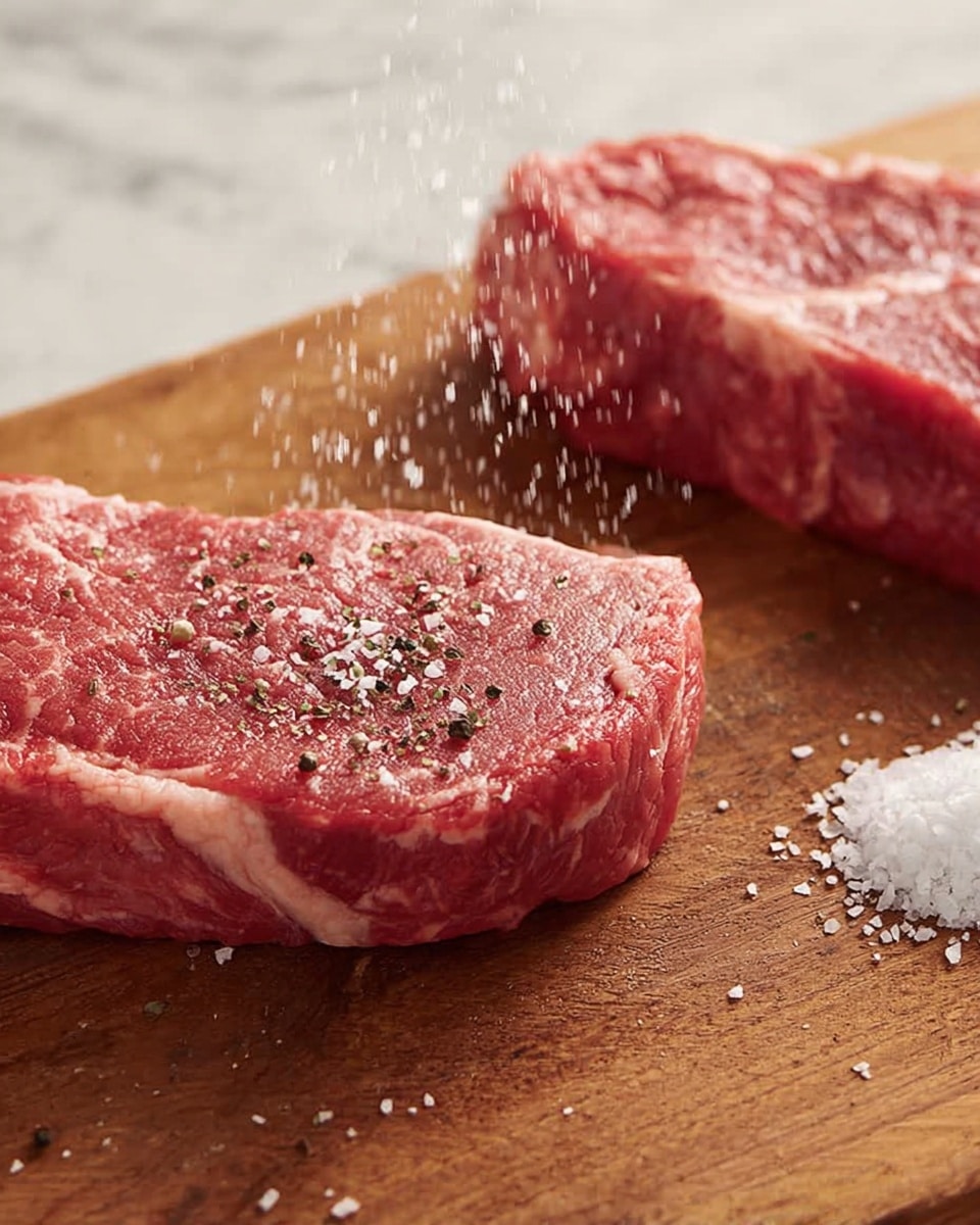 The image shows two pieces of raw red steak with light marbling of fat. One steak is in the foreground sprinkled with coarse salt and cracked black pepper, while the other is in the top left corner. Both steaks are on a wooden cutting board that sits on a white marbled surface. A small pile of salt is falling onto the steak in the foreground. photo taken with an iphone --ar 4:5 --v 7