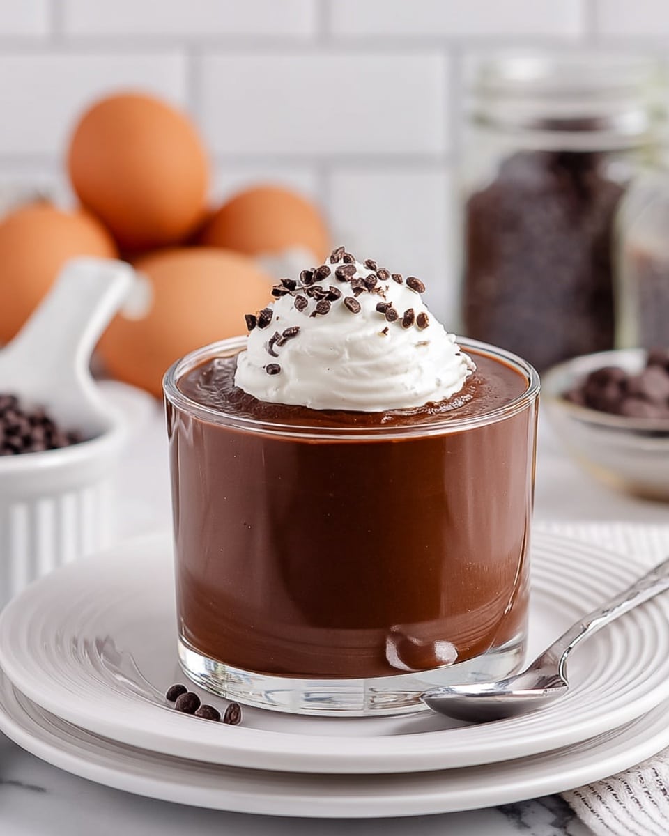 A clear glass cup filled with smooth, dark brown chocolate pudding that reaches just below the rim. On top, a small swirl of white whipped cream is placed in the center, sprinkled with small dark chocolate shavings. The glass sits on a white plate with subtle ridged edges, and a shiny metal spoon rests beside the glass on the plate. The background shows blurred brown eggs, a small white bowl with chocolate chips, and a glass jar filled with chocolate pieces, all set against a white marbled surface and white tiled wall. photo taken with an iphone --ar 4:5 --v 7