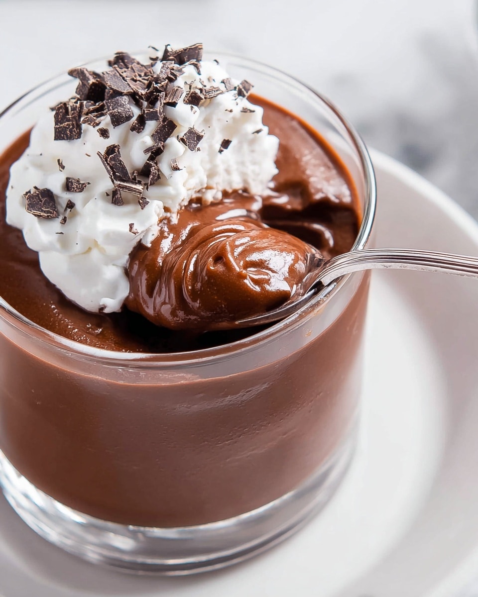 A clear glass cup filled with one smooth, thick layer of rich dark brown chocolate pudding that fills it almost to the top. On top of the pudding is a dollop of white whipped cream with small dark chocolate shavings scattered over it. A silver spoon is scooping some pudding from the side, creating soft swirling textures where it was lifted. The cup sits on a white plate, placed on a surface with a white marbled texture. Photo taken with an iphone --ar 4:5 --v 7