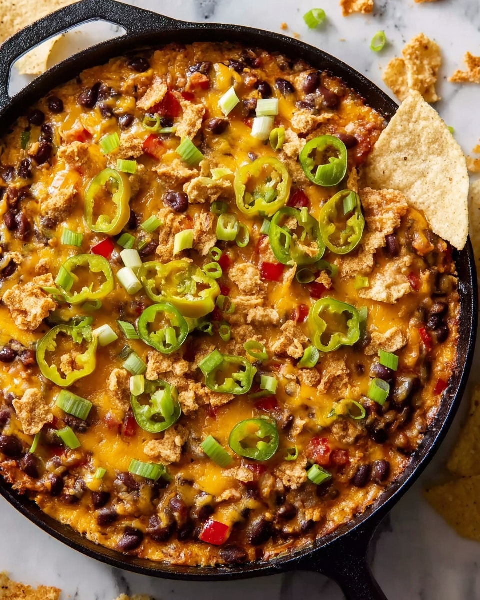 A round black skillet filled with a layered dip. The bottom layer has dark beans mixed with diced red and green peppers. The middle layer is melted orange-yellow cheese covering the beans. On top, there are crumbled light beige chips, small slices of bright green onion, and thin strips of light yellow pickled peppers scattered evenly. A large crisp light beige chip is placed near the edge inside the skillet. The skillet rests on a white marbled surface with some crumbs around it. Photo taken with an iphone --ar 4:5 --v 7
