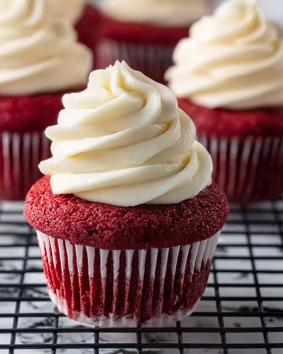 The image shows a close-up of a red cupcake with three smooth, thick swirls of creamy white frosting stacked on top, each layer slightly smaller than the one below, forming a soft peak at the tip. The cupcake has a deep red color with a soft, moist texture visible on the surface. It sits in a white cupcake liner, placed on a black wire cooling rack with a white marbled surface underneath. The background has more cupcakes, slightly blurred to focus on the front one. photo taken with an iphone --ar 4:5 --v 7