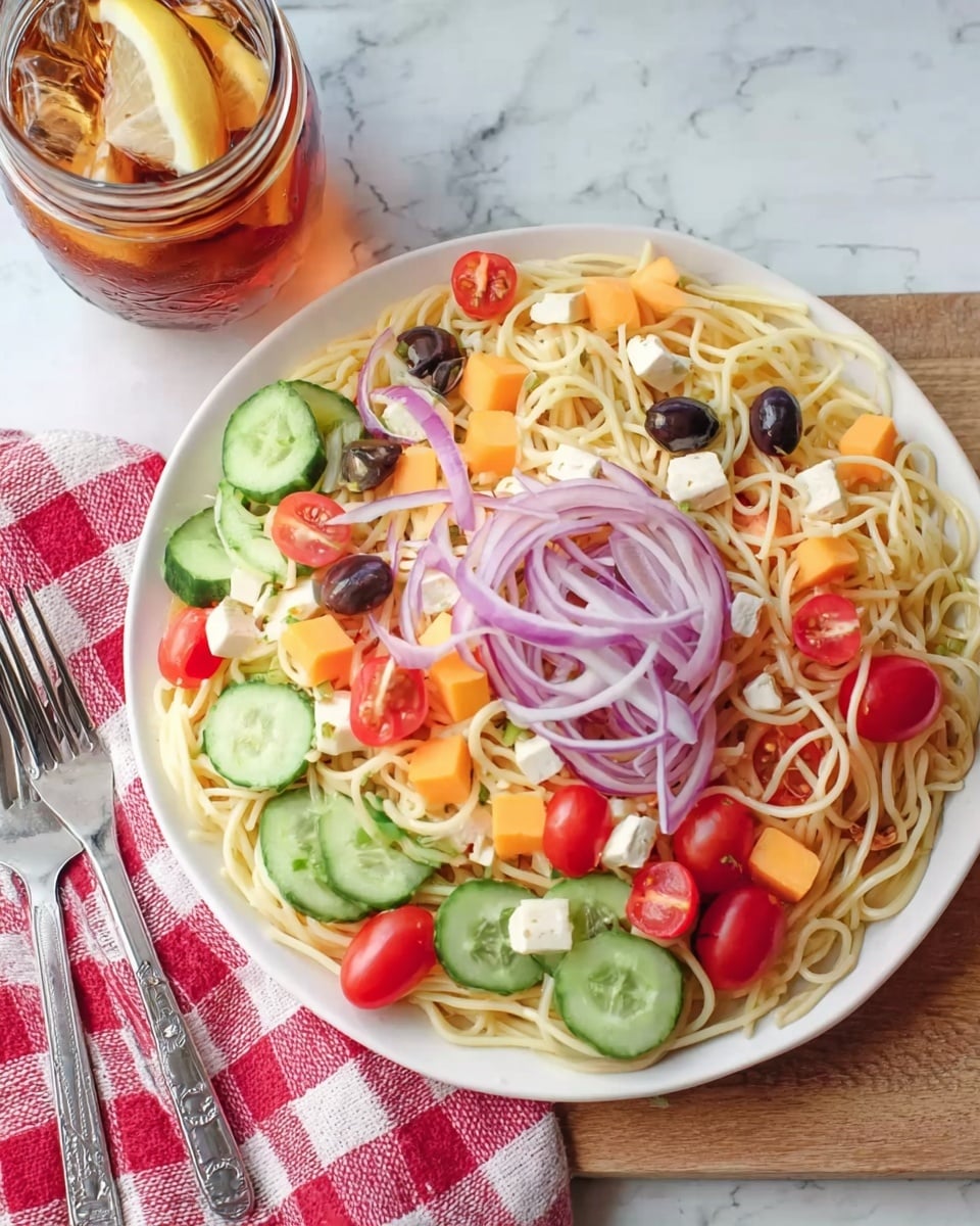 A white plate filled with a noodle salad sits on a white marbled surface. The salad has three main layers: the bottom layer is light yellow noodles twisted and spread around the plate; on top of the noodles are thin slices of green cucumber, red cherry tomatoes cut in halves, orange cheese cubes, and small dark olives scattered evenly; the top layer has thin, curved slices of purple-red onion arranged across the salad. Near the plate is a glass jar with iced tea and lemon slices, and a red and white checkered cloth rests under a fork and knife beside the plate. photo taken with an iphone --ar 4:5 --v 7