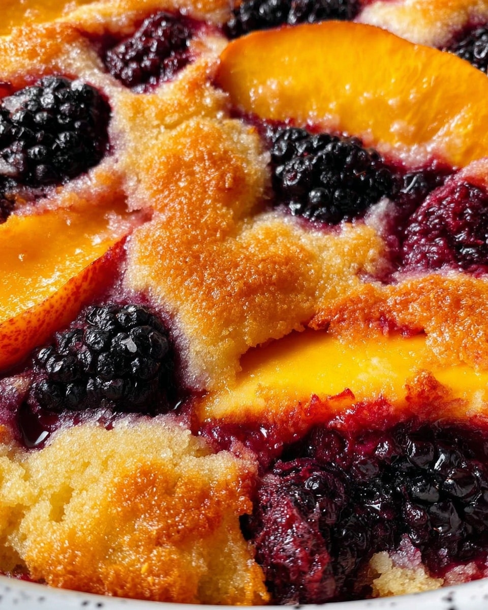 The image shows a close-up view of a fruit cobbler with a golden, soft, and slightly crispy top layer of baked dough. Underneath this crust, bright orange slices of cooked peaches are visible, surrounded by dark purple-black juicy blackberries that add a rich contrast. The fruit is bubbling with sweet juices, creating a slightly shiny and moist appearance. The texture of the dough looks light and fluffy in some areas, while slightly browned in others, blending naturally with the warm colors of the fruit. The whole dish sits on a white marbled surface. photo taken with an iphone --ar 4:5 --v 7