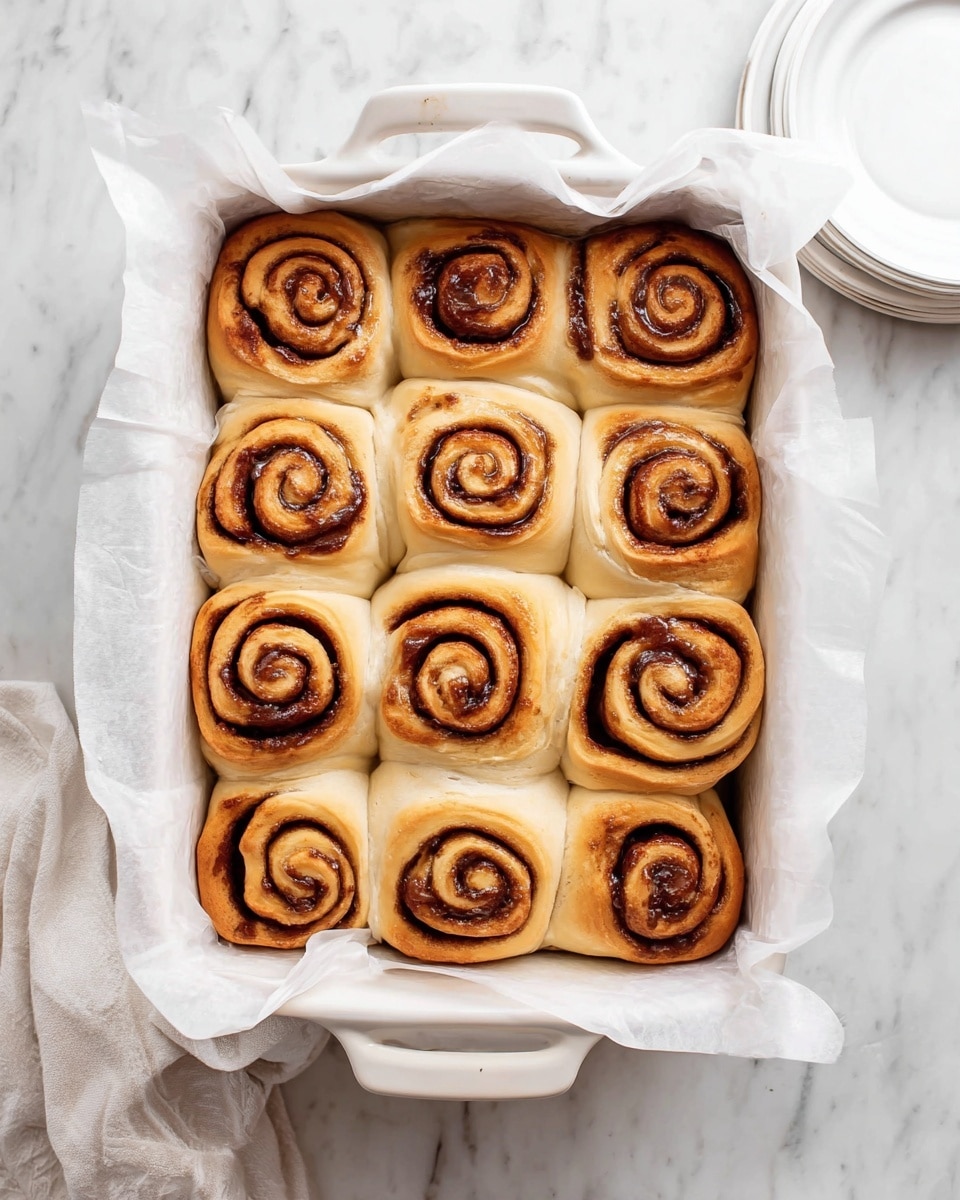 A white baking dish lined with white parchment paper holds twelve cinnamon rolls arranged in three rows of four. Each roll is golden brown on top with visible swirls of dark brown cinnamon filling creating a spiral pattern. The rolls have a soft, fluffy texture, and are placed close to each other, slightly touching the neighboring rolls. The dish sits on a white marbled surface with a light cloth nearby and a small stack of white plates off to the side. Photo taken with an iphone --ar 4:5 --v 7