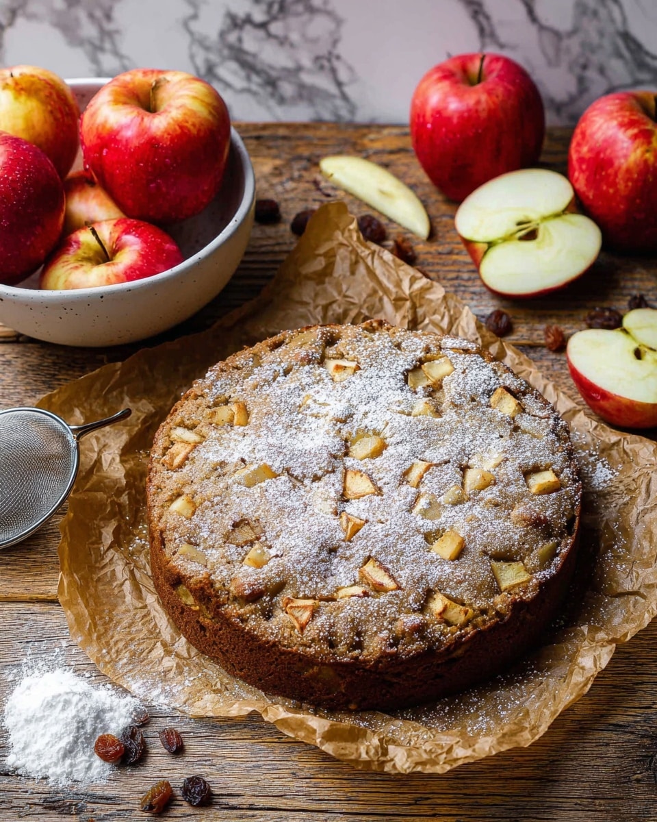 A round, rustic apple cake with a golden-brown top scattered with small pieces of apple and dusted with white powdered sugar sits on crinkled brown parchment paper. The cake is on a wooden surface with a small pile of powdered sugar and a metal sifter nearby. Next to the cake is a white bowl filled with several red apples, including one apple sliced in half showing its pale yellow inside. Additional whole red apples and a few loose raisins are scattered around the scene, all set against a white marbled texture background. Photo taken with an iphone --ar 4:5 --v 7