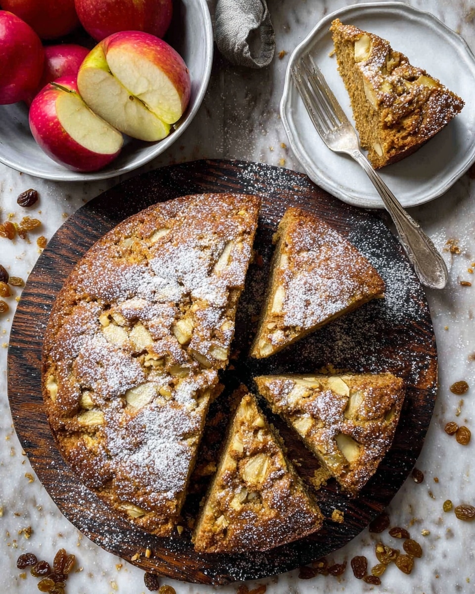 A large round apple cake with a golden-brown crust dusted lightly with powdered sugar sits on a dark wooden board. The cake is cut into several thick triangular slices, with one slice taken out and placed on a small white plate to the upper right, where a silver fork rests on the plate next to the slice. The cake’s texture shows chunks of apple and nuts visible throughout. To the upper left, there is a white bowl filled with a few whole red apples and one apple halved, showing the light cream-colored inside. The background is a white marbled surface with some scattered crumbs and raisins around the plate. Photo taken with an iphone --ar 4:5 --v 7