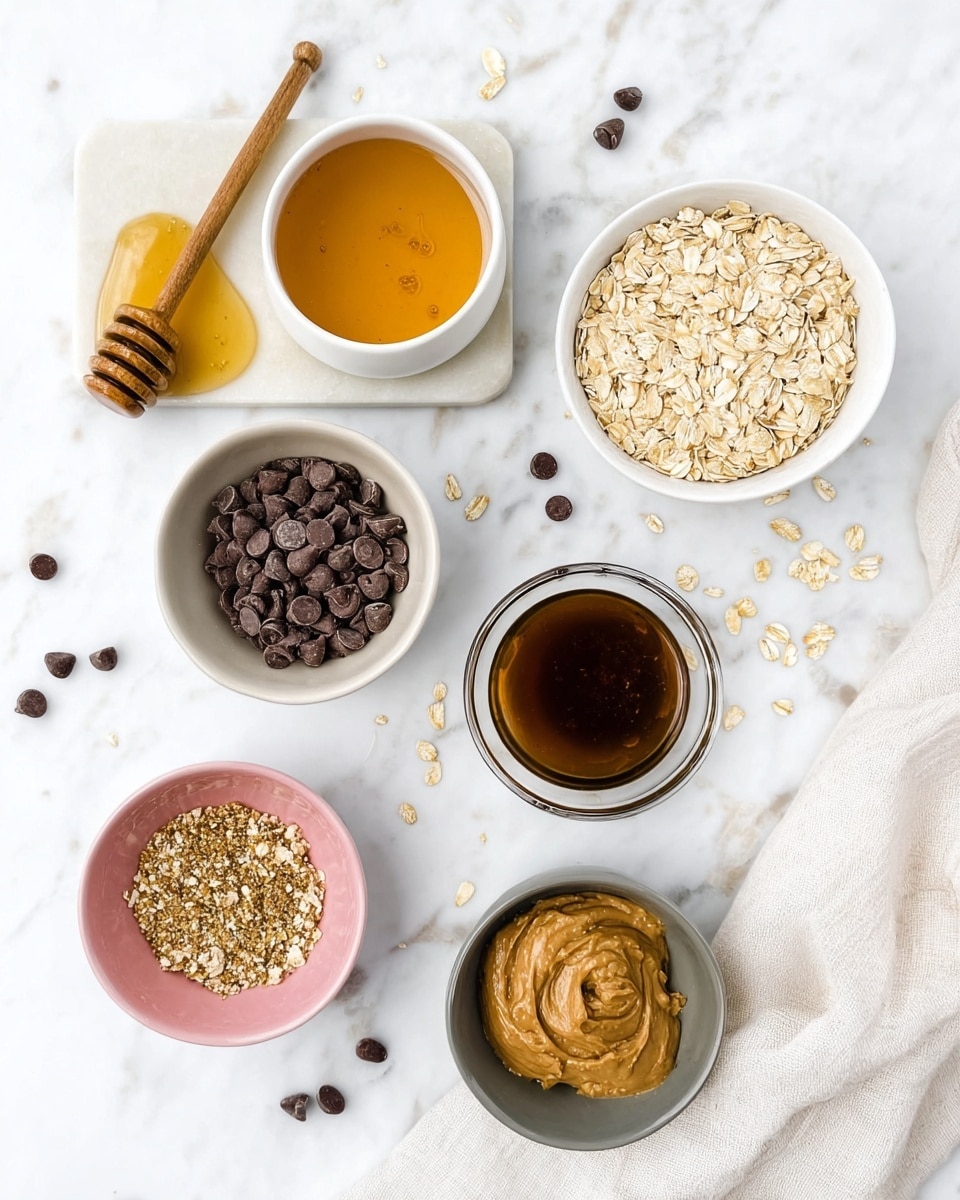 The image shows six small bowls with different ingredients placed on a white marbled surface. In the top left, a white bowl holds golden honey, next to a wooden honey dipper resting on a white marble board. Below it, a white bowl is filled with dark chocolate chips. To the upper right, a white bowl contains light tan rolled oats. In the center, a small clear glass bowl has a dark brown liquid, likely vanilla extract. Below, a small pink bowl holds ground flaxseed, and to the bottom right, a gray bowl is filled with creamy peanut butter. Scattered around the bowls are loose oats and chocolate chips, with a white cloth draped in the bottom right corner. photo taken with an iphone --ar 4:5 --v 7