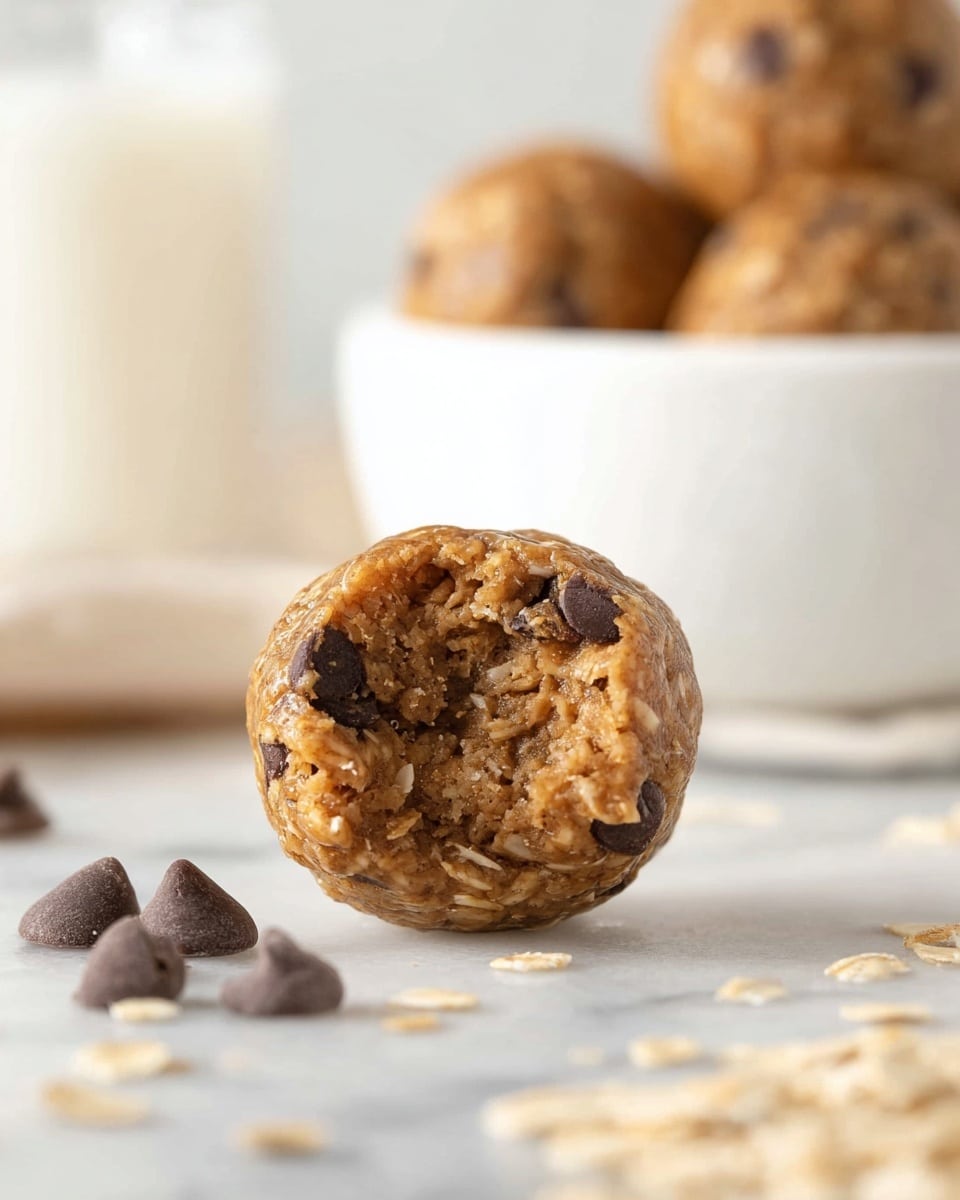 A close-up view of a single round energy ball with a bite taken from it, showing a dense, crumbly texture with visible oats and chocolate chips inside. The ball has a light brown color with darker chocolate chips scattered throughout. It is placed on a white marbled surface with some loose oats and chocolate chips around it. In the background, blurred but visible, is a white bowl filled with more energy balls and a blurred glass of milk next to it. The lighting is soft and bright, highlighting the textures clearly. photo taken with an iphone --ar 4:5 --v 7