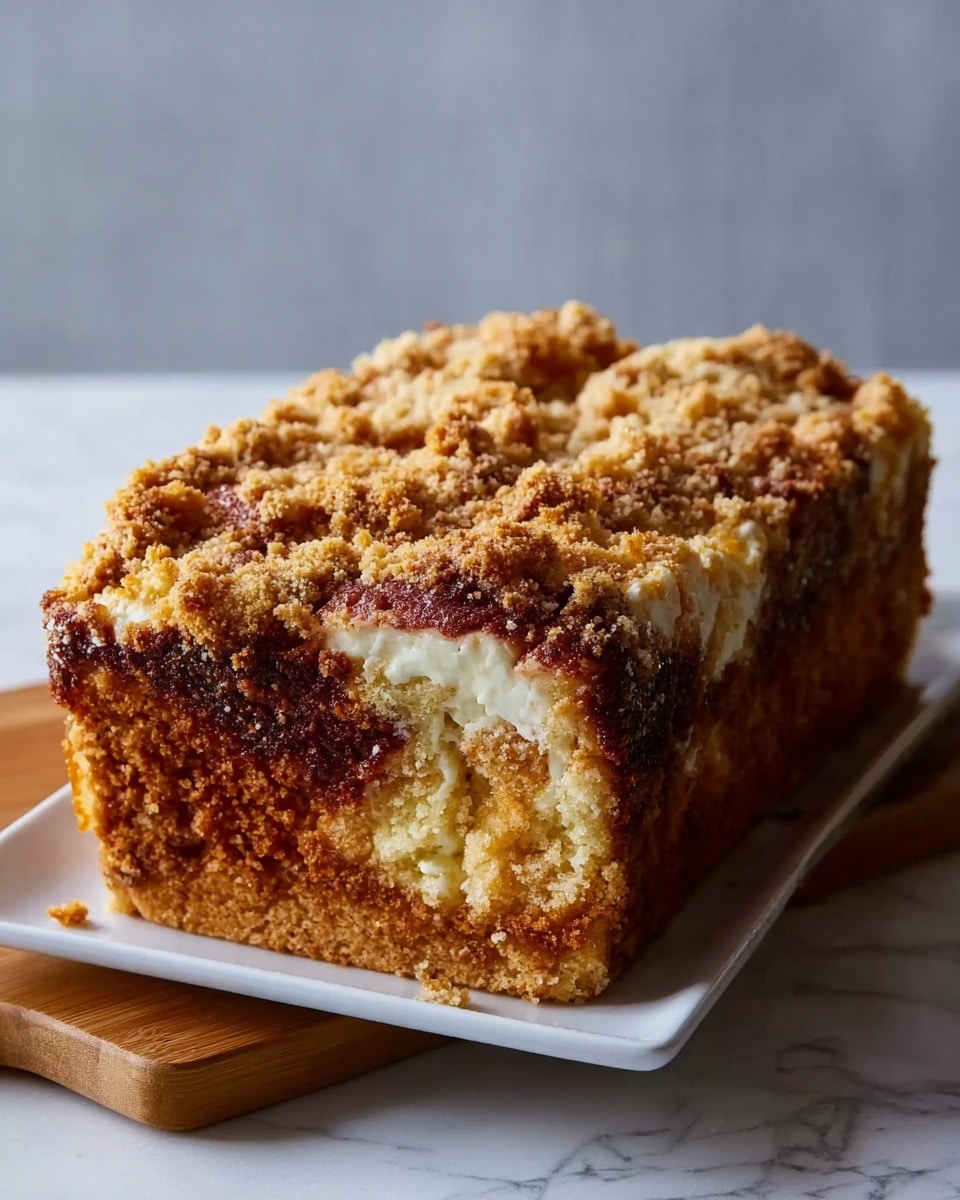 A square loaf of cake with a thick, crumbly golden brown topping that looks crunchy. The top has swirls of white cream or cheese mixed with the crumb layer. The sides are darker brown, showing a baked crust with some visible small cracks and a dense texture inside. The cake sits on a white rectangular plate on a white marbled surface. Photo taken with an iphone --ar 4:5 --v 7