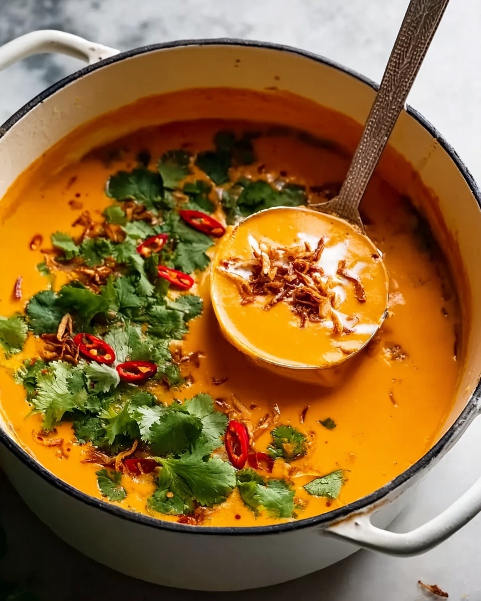 The image shows a white pot filled with an orange creamy soup topped with fresh green cilantro leaves scattered across the surface. There are slices of red chili peppers and small fried shallots sprinkled on top, adding texture and color contrast. A soup ladle with orange soup is lifted from the pot, showing the smooth texture of the soup inside the ladle. The pot is placed on a white marbled surface, and the whole scene looks warm and inviting. photo taken with an iphone --ar 4:5 --v 7