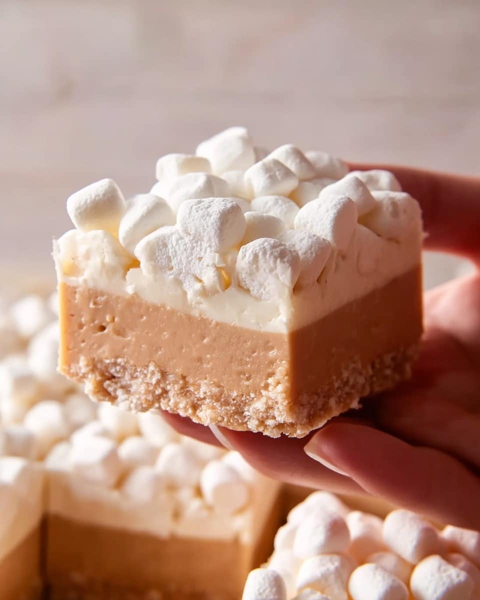 A close-up of a square dessert bar being held by a woman's hand. The bar has three clear layers: the bottom layer is a soft brown color, the middle layer is creamy white and smooth, and the top layer is covered with many tiny white marshmallows. The background is a white marbled surface with more of these dessert bars stacked beneath. The lighting is warm, showing the soft texture of the layers and the fluffy marshmallows on top. Photo taken with an iphone --ar 4:5 --v 7