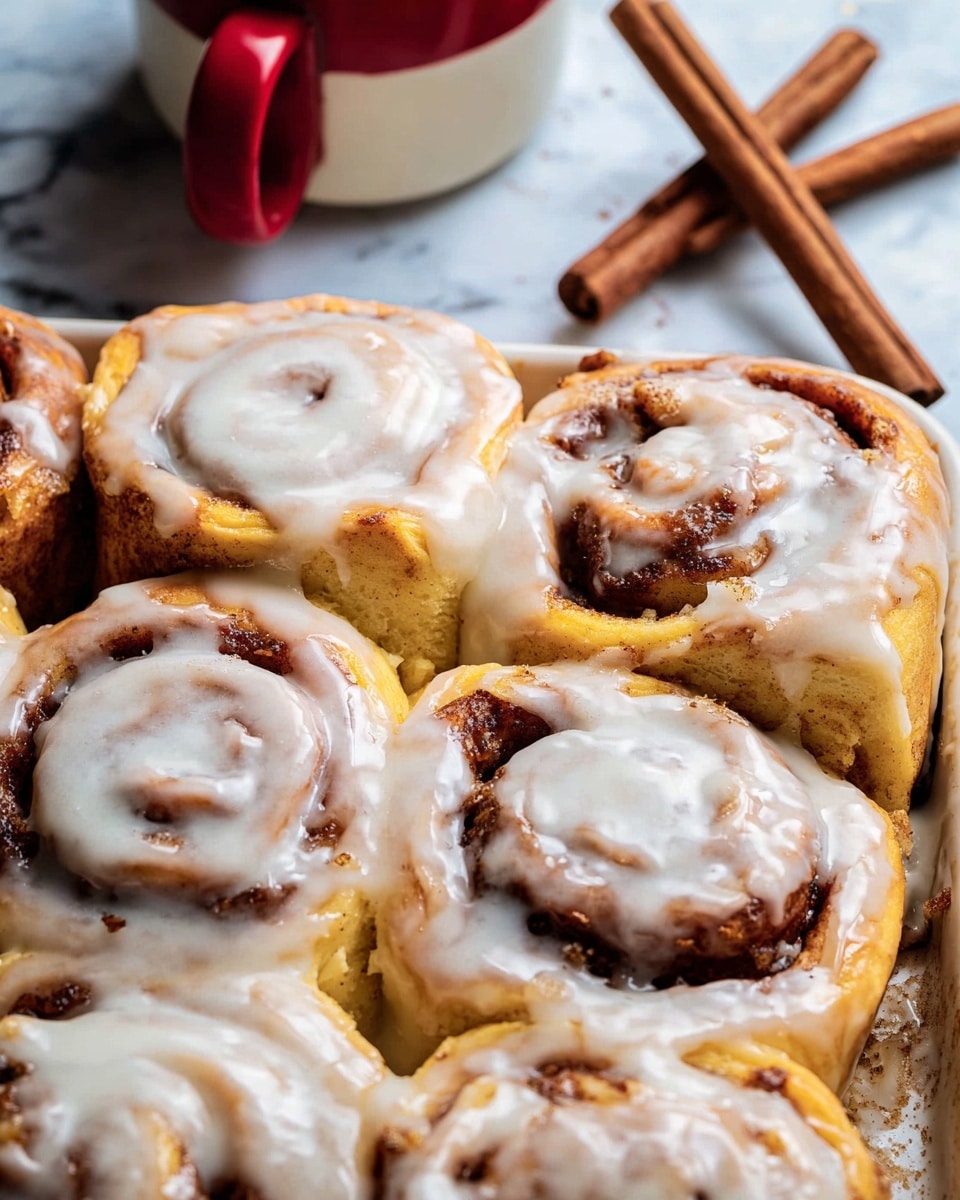 The image shows a close-up of eleven cinnamon rolls covered with thick, creamy white icing, arranged closely together on a white marbled surface. Each roll has spiral layers of soft dough with a visible brown cinnamon sugar filling and small bits of nuts inside. The icing is generously spread, dripping slightly on the sides, with one roll partly separated showing its soft, fluffy texture. Above the rolls are a few cinnamon sticks and a small white cup with a red rim filled with more icing. A spoon coated with icing lies nearby to the right. The scene has warm, wooden tones with a cozy, inviting feel. Photo taken with an iphone --ar 4:5 --v 7