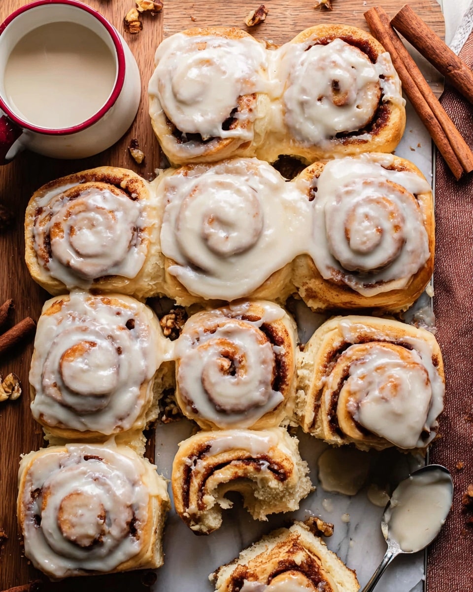 A close-up view of a group of cinnamon rolls arranged closely together in a white tray, each roll showing visible layers of golden brown soft dough swirled with dark brown cinnamon filling, topped with a smooth, creamy white glaze that drips slightly over the edges; the rolls have a textured surface with bits of cinnamon and sugar, and in the background, there are three cinnamon sticks and a white cup with a red handle resting on a white marbled surface. photo taken with an iphone --ar 4:5 --v 7
