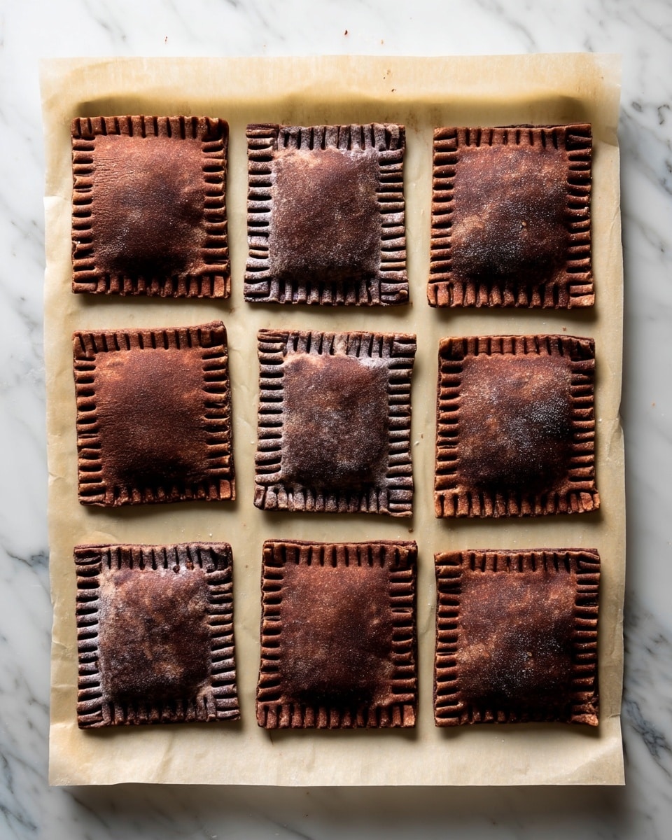 The image shows a close-up of nine square-shaped chocolate-filled pastries neatly placed on a sheet of parchment paper. Each pastry is a deep brown color with a slightly rough texture and has crimped edges created by pressing with a fork to seal the filling inside. The pastries are evenly spaced, revealing the light beige parchment paper underneath, which has small creases and slight browning from baking. The overall scene is set on a white marbled surface that adds a clean, elegant background contrast to the dark pastries. photo taken with an iphone --ar 4:5 --v 7