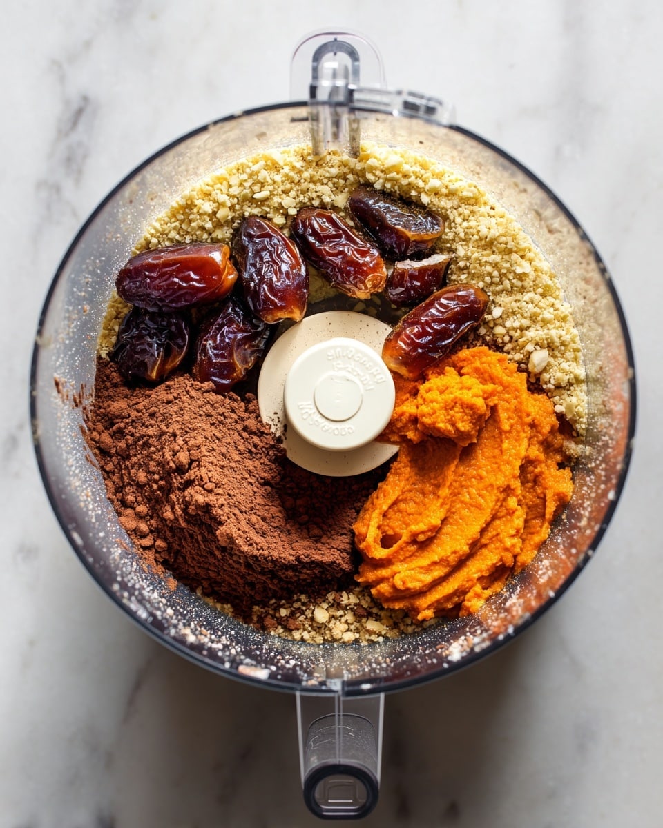 A clear food processor bowl sits on a white marbled surface, filled with layers of ingredients arranged around the center blade. The bottom layer is finely chopped nuts, light beige in color, covering most of the base. On top of the nuts, there is a dark brown pile of cocoa powder placed on the left side. On the upper right side, there is a bright orange dollop of smooth puree. Dark brown dried dates with shiny skins are scattered mostly around the edges, nestled among the other ingredients. The clear bowl has a central white spindle and a gray blade inside. photo taken with an iphone --ar 4:5 --v 7