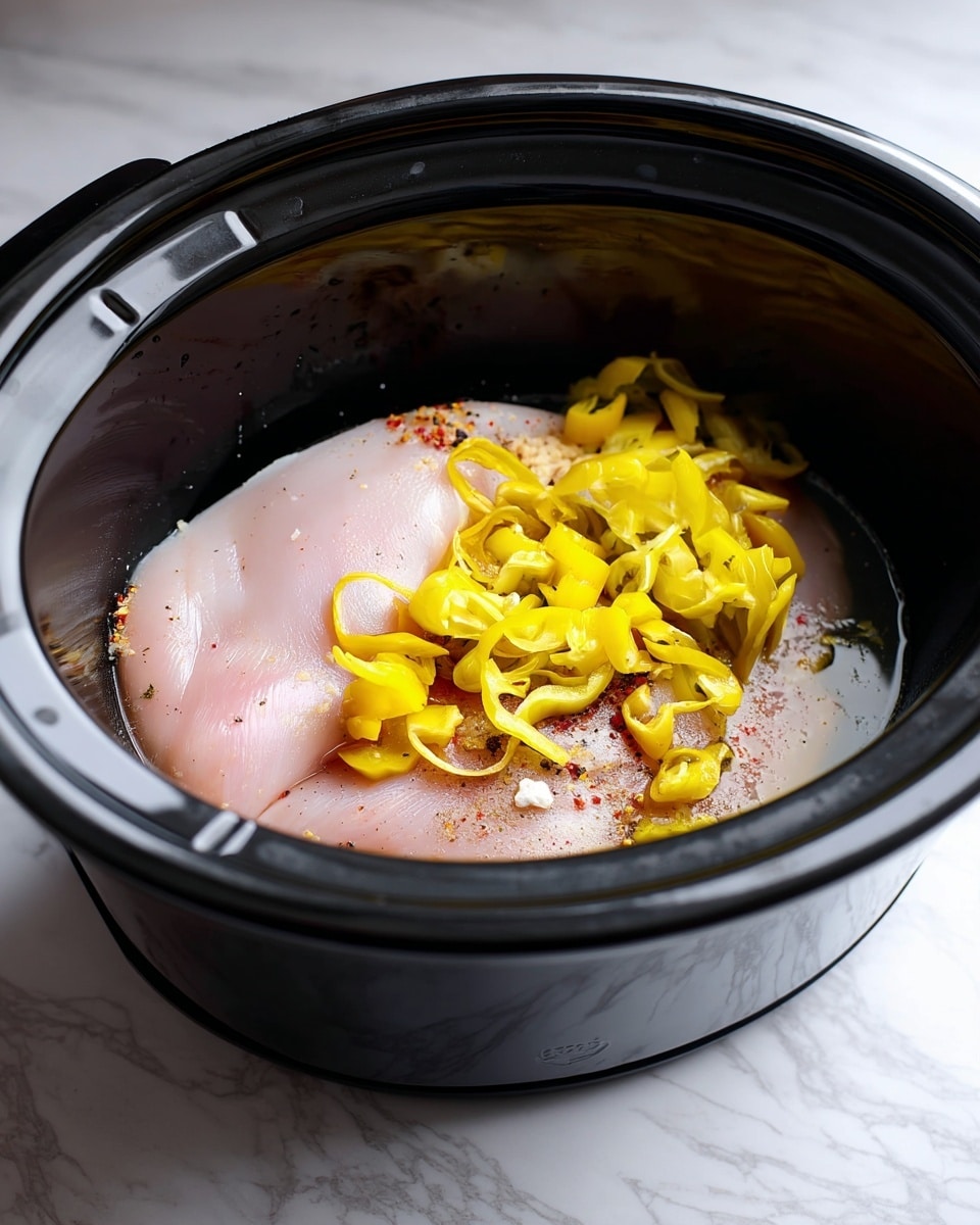 Inside a black slow cooker, there is one large raw pale pink chicken piece placed flat at the bottom. On top of the chicken, there is a layer of thin, bright yellow pepper rings scattered unevenly. Around the chicken, you can see some white granules of seasoning mixed with small brown and red spices sprinkled lightly. The inside of the slow cooker is smooth and shiny, and the cooker sits on a white marbled surface. Photo taken with an iphone --ar 4:5 --v 7