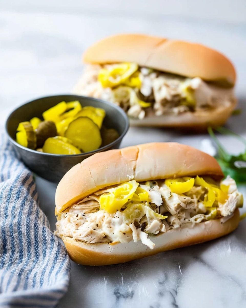 Two sandwiches sit on a white marbled surface, each made with a soft, light brown sandwich roll. Inside, there is a thick layer of shredded white meat mixed with creamy light sauce and specks of black pepper, topped with bright yellow banana pepper slices. Next to the sandwiches, there is a small dark bowl filled with more yellow banana pepper slices. In the foreground, a striped blue and white cloth is slightly crumpled. The photo is taken with an iphone --ar 4:5 --v 7