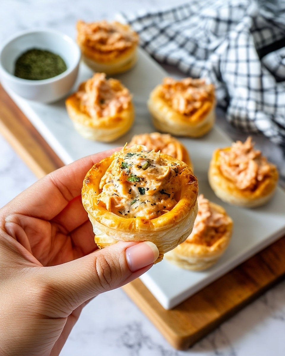 A close-up view of a woman's hand holding a small round puff pastry cup filled with a creamy, light brown filling mixed with small chunks, topped with a sprinkle of green herbs. The pastry has golden-brown, flaky, layered sides and a slightly crisp, shiny top edge. Below, on a white marbled surface, there is a white rectangular slate board on a wooden tray, holding several similar puff pastry cups with the same filling and herb topping. In the background, a white bowl with green seasoning and a white and black checkered cloth are slightly out of focus. photo taken with an iphone --ar 4:5 --v 7
