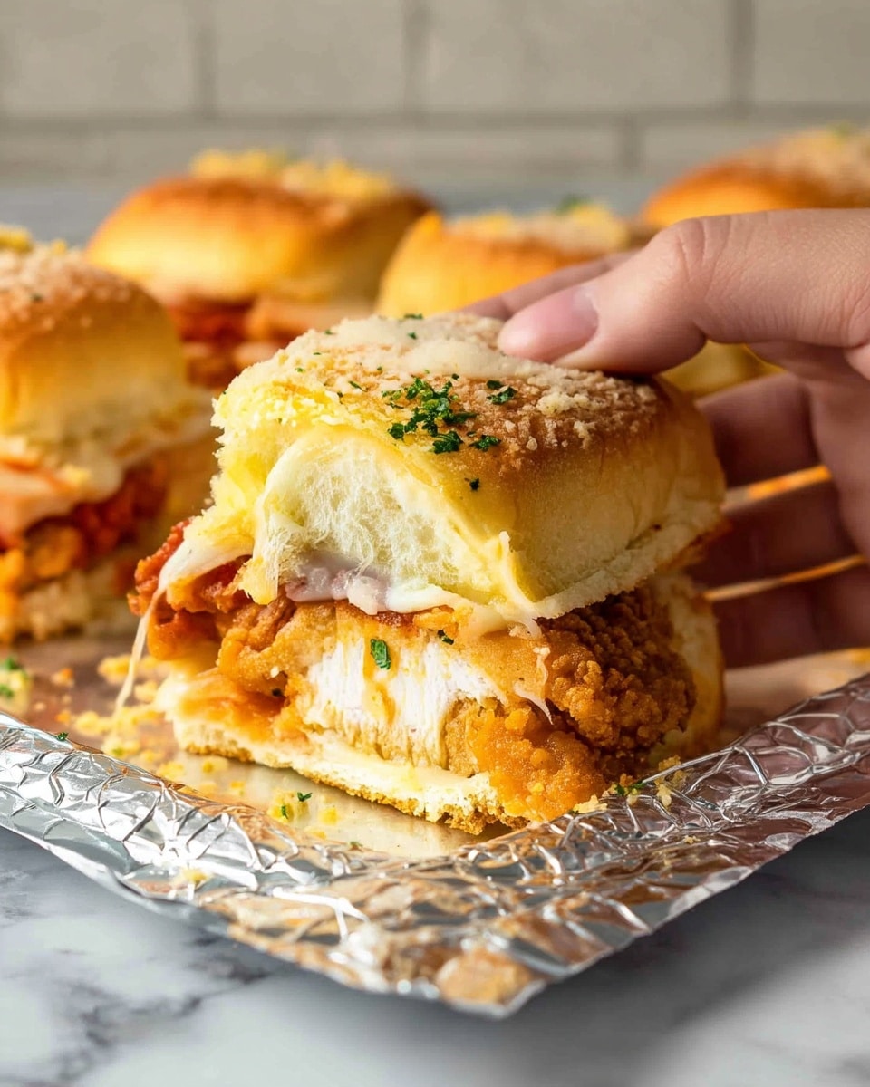 A close-up of a sandwich held by a woman's hand, showing three main layers: a top soft golden brown bread roll sprinkled with light yellow crumbs, a middle layer of crispy fried chicken with a golden crust, and a bottom layer of melted white cheese stretching out as the sandwich is pulled apart. The sandwich rests on crinkled silver foil placed on a white marbled surface. In the background, there are more sandwiches with the same look, slightly out of focus. photo taken with an iphone --ar 4:5 --v 7