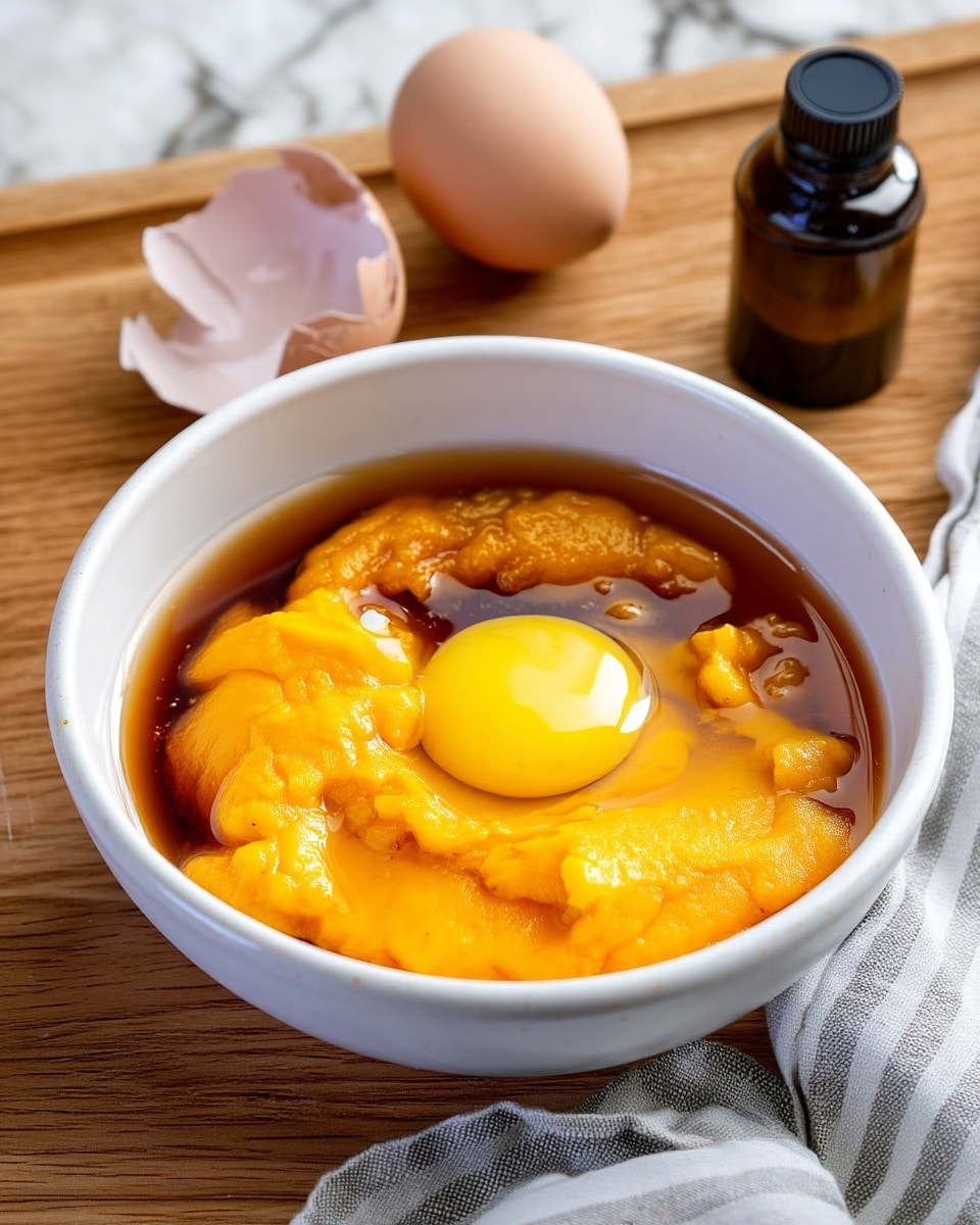 A white bowl holds a mix of three layers: the bottom layer is a thick, bright orange puree with a smooth but slightly uneven texture, the middle layer is a clear, amber-colored liquid covering most of the puree, and the top layer features a single raw egg yolk sitting in the center with a smooth, shiny surface. The bowl is placed on a wooden table next to cracked eggshells and a small dark bottle, with a gray and white striped cloth partially visible on the right side. The background is a white marbled texture. Photo taken with an iphone --ar 4:5 --v 7