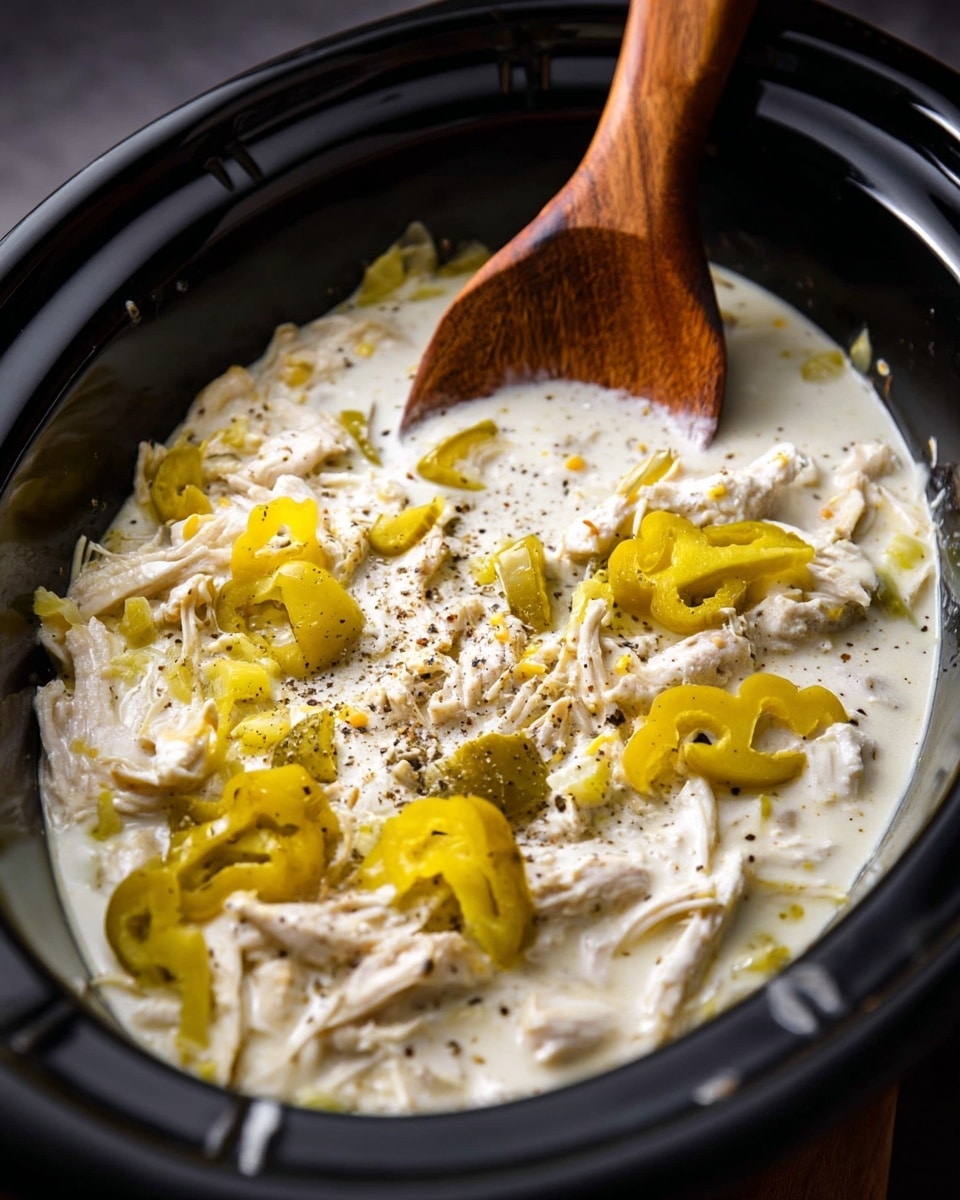 The image shows a creamy chicken dish inside a black slow cooker. The dish has shredded white chicken mixed with a thick, creamy white sauce. Scattered on top are slices of yellow-green pickled peppers and bits of black pepper sprinkled evenly over the surface. A wooden spoon with a rich brown color is partially submerged in the mixture on the right side. The slow cooker edges are visible with some sauce splashes near the sides. photo taken with an iphone --ar 4:5 --v 7