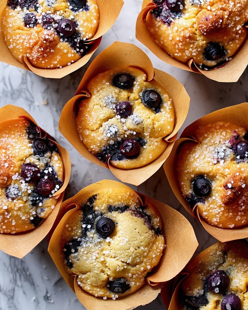 The image shows several blueberry muffins wrapped in light brown parchment paper, arranged closely together on a white marbled surface. Each muffin has a golden-brown top with visible whole blueberries embedded on the surface, some slightly bursting, and sprinkled with coarse sugar crystals that add a sparkling texture. The muffins have a slightly puffy, soft appearance with irregular, natural shapes, and the parchment paper edges fold upward unevenly around the muffins. Photo taken with an iphone --ar 4:5 --v 7