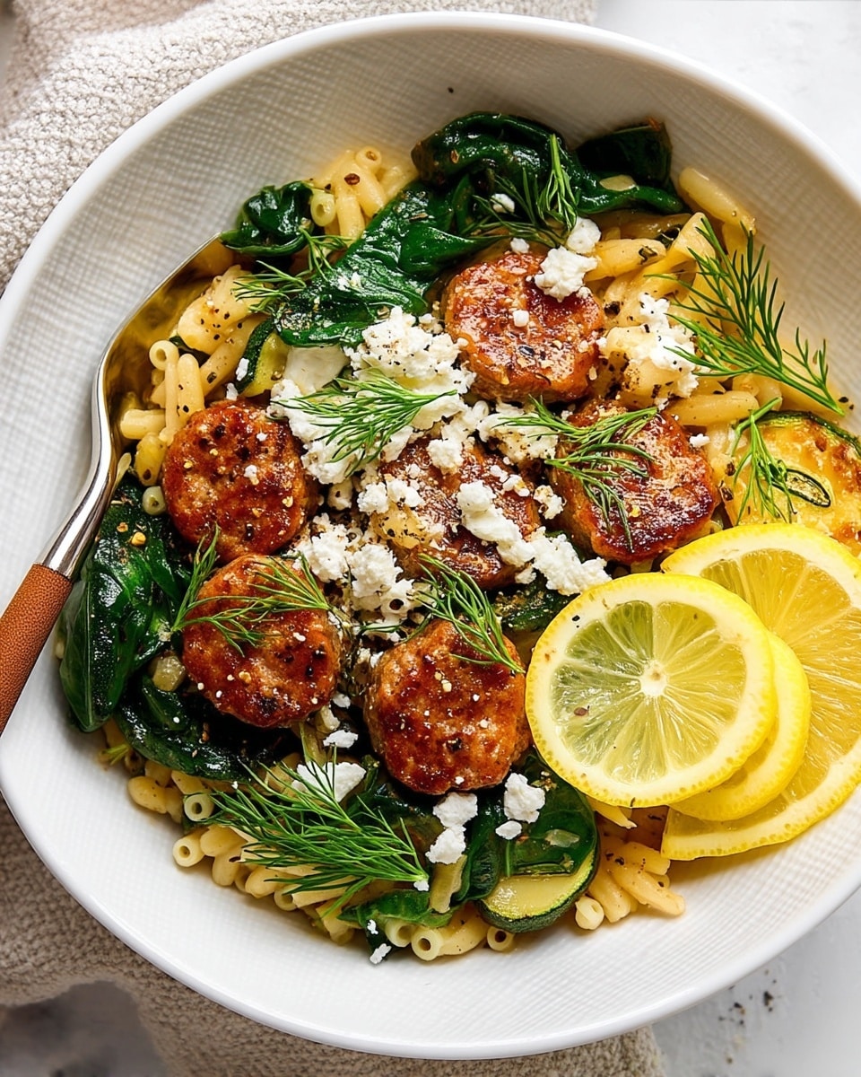 A white pot filled with a colorful pasta dish featuring three main layers: the base layer of small, pale yellow orzo pasta; the middle layer with brown slices of sausage and green pieces of cooked zucchini mixed throughout; and the top layer sprinkled with white crumbled cheese, bright green fresh dill and spinach leaves, and thin yellow lemon wedges placed on one side, all mixed together with a light seasoning of black pepper. The pot sits on a white marbled surface, with a small bowl of white crumbled cheese and some lemon wedges nearby. Photo taken with an iphone --ar 4:5 --v 7