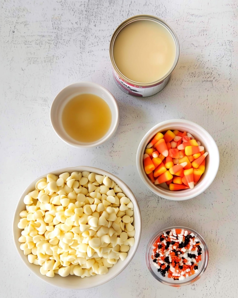 The image shows five containers with different ingredients placed on a white marbled surface. At the bottom left, there is a white bowl filled with many white chocolate chips, all small and round. To the right of this bowl is a small clear glass bowl holding a mix of colorful Halloween sprinkles in black, white, and orange with different shapes and sizes. Above the sprinkles is a white bowl filled with candy corn, displaying a vibrant mix of orange, yellow, and white triangular pieces. Next to this bowl, on the top left side, is a small white bowl containing a light yellow liquid. Finally, at the top right corner, there is an open can filled with a smooth beige-colored thick liquid. photo taken with an iphone --ar 4:5 --v 7