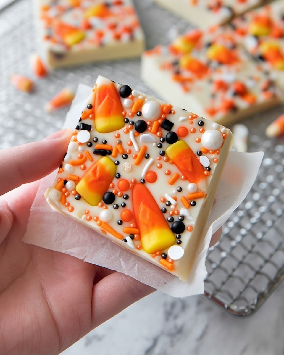 A square piece of white chocolate bark is held by woman's hand on the top edges, showing two layers: a smooth white chocolate base with many colorful sprinkles on top. The sprinkles include large candy corn pieces in orange and yellow, small orange, black, white, and pearl-like round beads, short orange and black rods, and tiny white curved shapes scattered unevenly. The white chocolate bark rests on white parchment paper on a metal rack with a white marbled surface underneath. Photo taken with an iphone --ar 4:5 --v 7