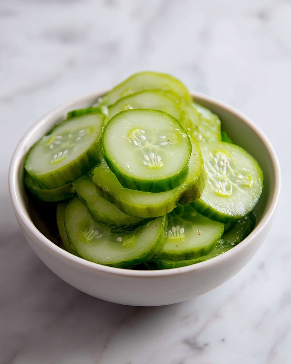 A white bowl filled with many light green cucumber slices stacked in layers, each slice showing pale green skin around translucent, watery centers with faint white seeds. The bowl sits on a white marbled surface with soft natural light reflecting off the shiny, wet cucumber slices. The overall look is fresh and simple with smooth, rounded edges on each slice. photo taken with an iphone --ar 4:5 --v 7